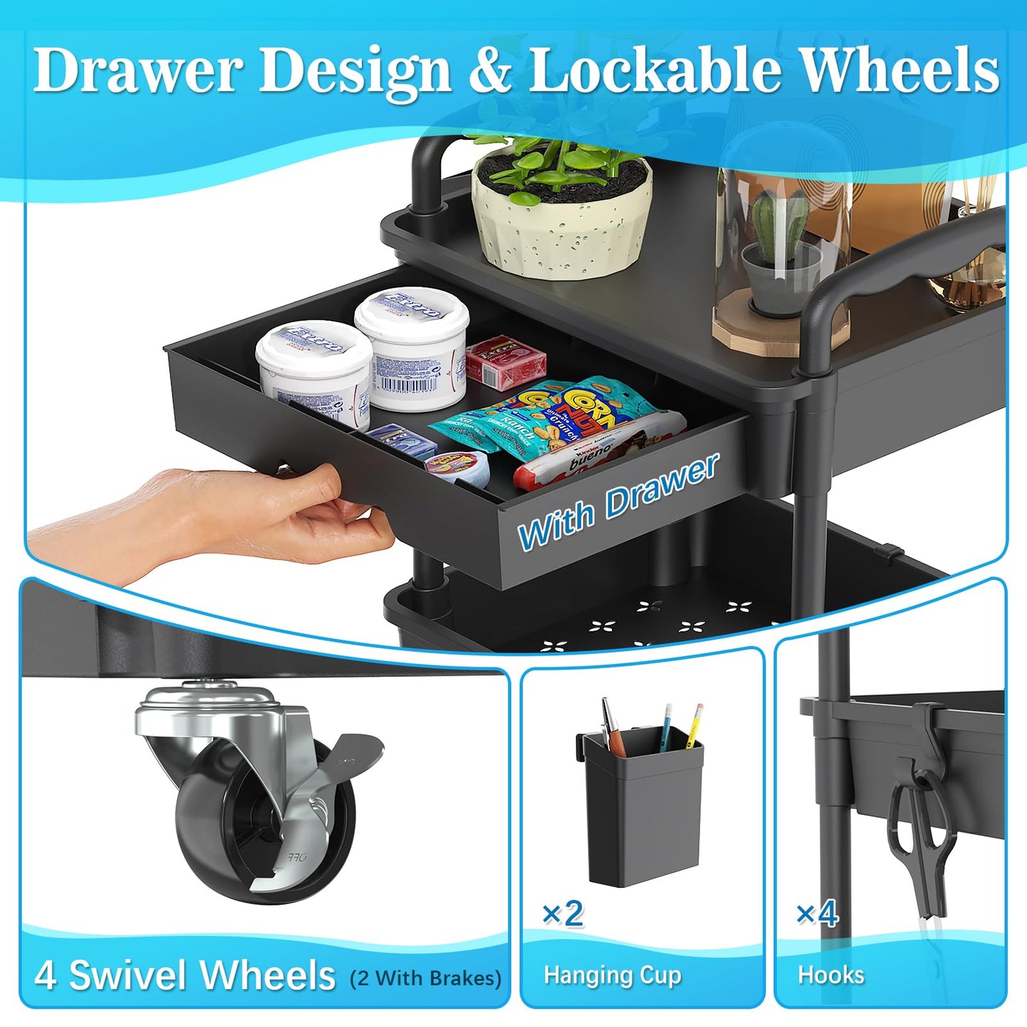 SUNALLY 4 Tier Rolling Cart with Drawer, Craft Storage Cart Organizer,Black