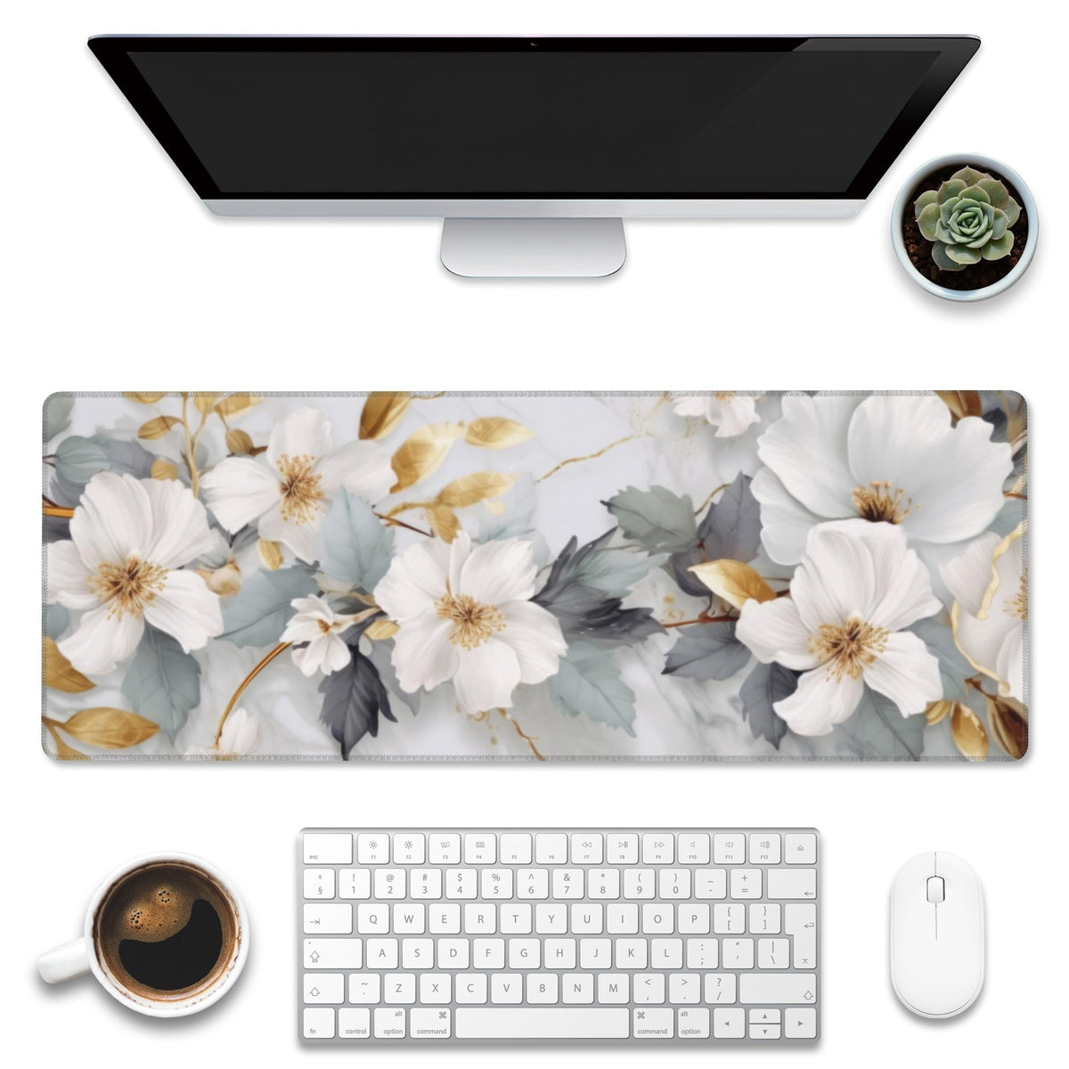 Eflxamz Desk Mat,White Gold Marble Desk Pad,White Flowers Golden Leaves Large Gaming Mouse Pad for