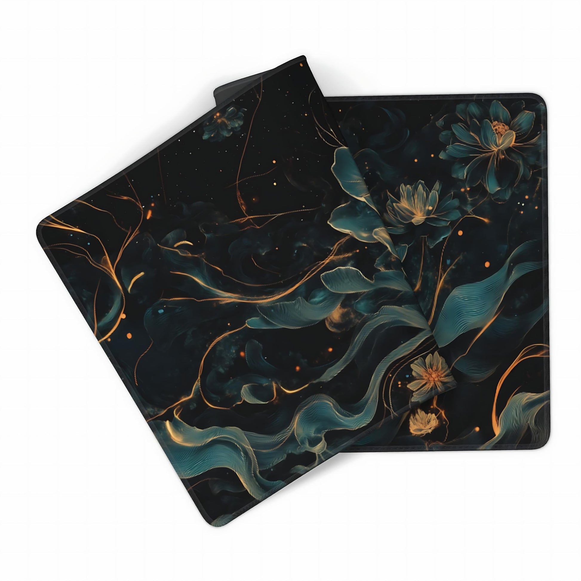Floral Aesthetic Lotus Gaming Mouse Pad, Black Gold Chinoiserie Desk Mat with Anti-Slip Base &