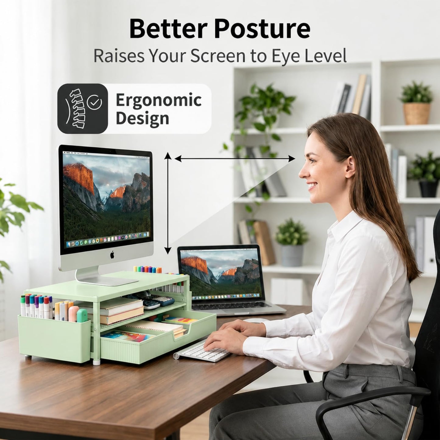 ECOLOVI Desk Organizer and Accessories, 2-Tier Computer Monitor Stand Rise with Storage Drawer & 2