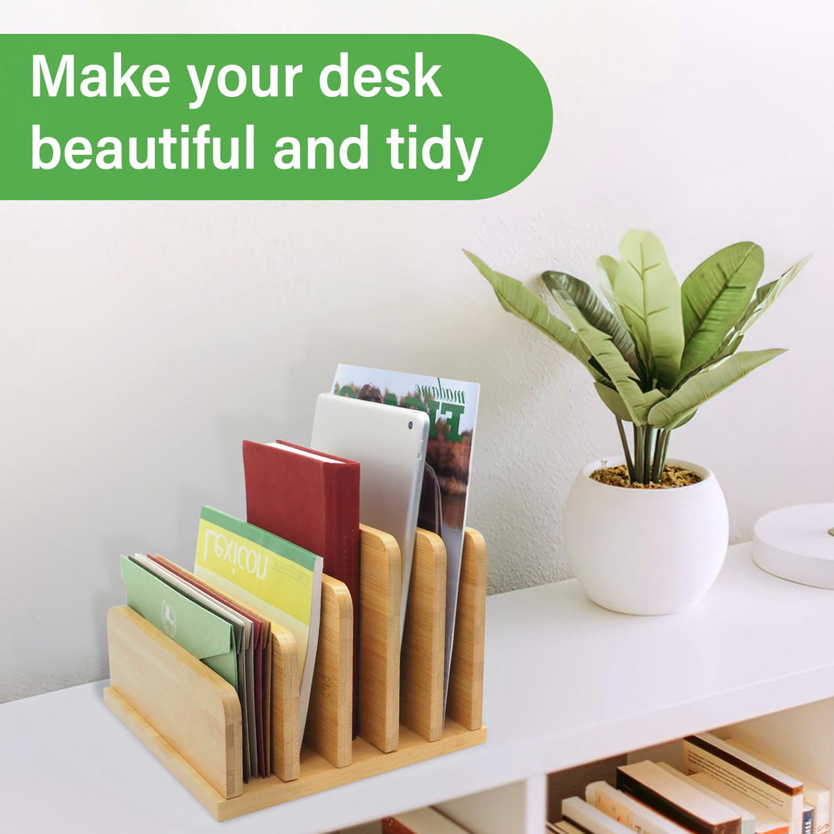 Deefielly Desk File Mail Organizer Countertop, 5 Slots Bamboo Folder Sorter Holder for Letter