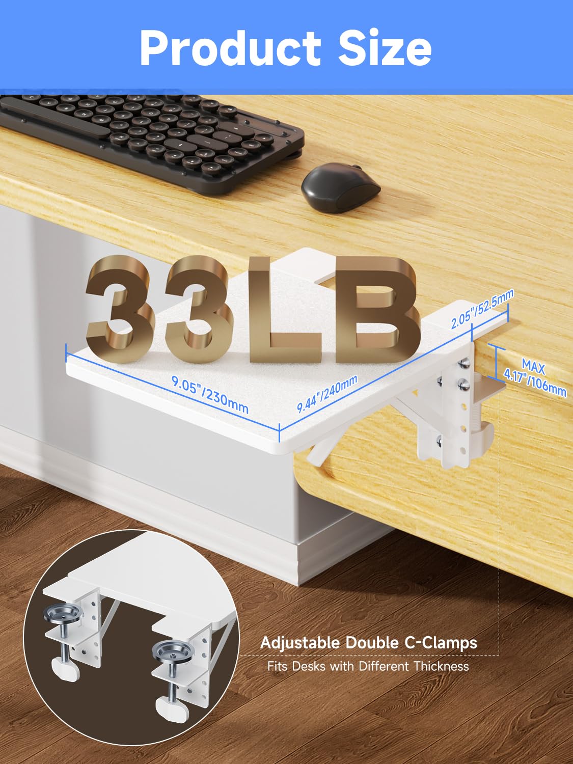 suptek Ergonomics Desk Extender Tray, 9.5"x9.1" Clamp on Table Mount Arm Wrist Rest Shelf, 90°
