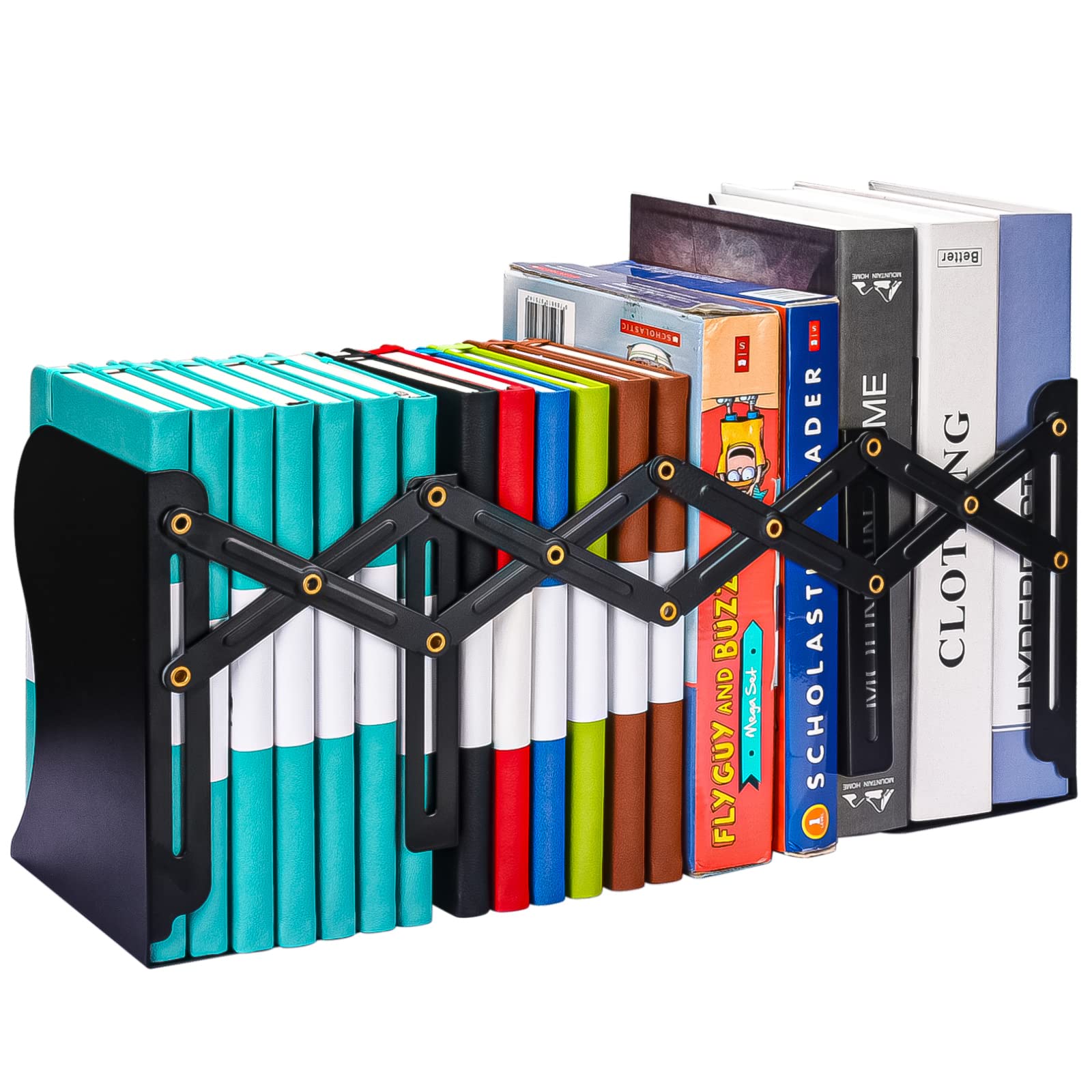 Adjustable Bookends, Metal Book Ends for Heavy Book, 2 Dividers, Nonslip Book Stander for Desk