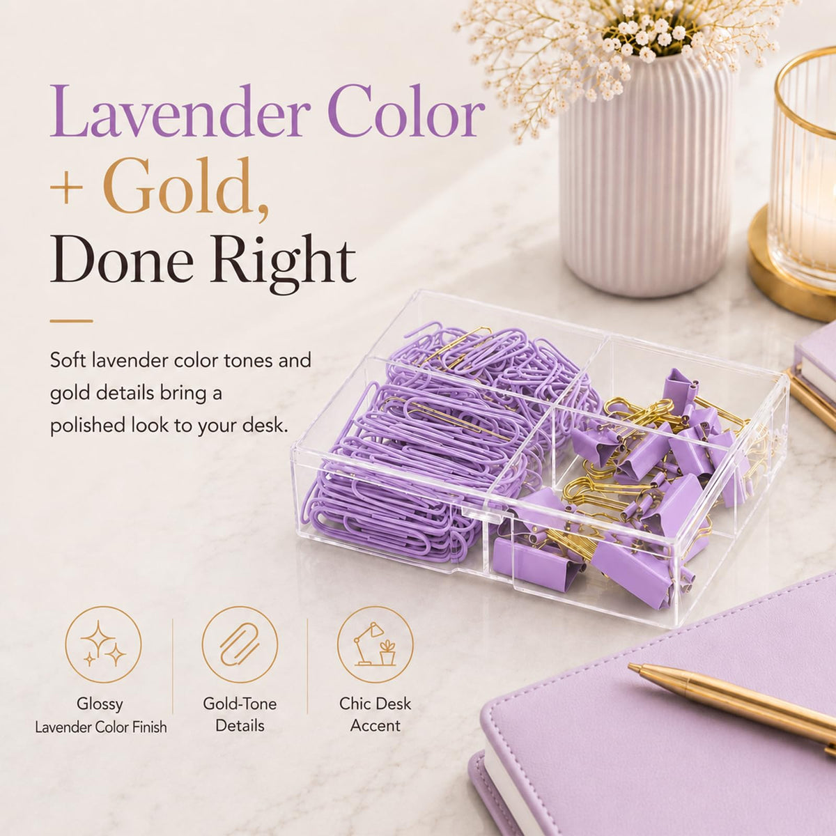 Creechwa Paper Clips and Binder Clips Set, Purple & Gold, Assorted Size