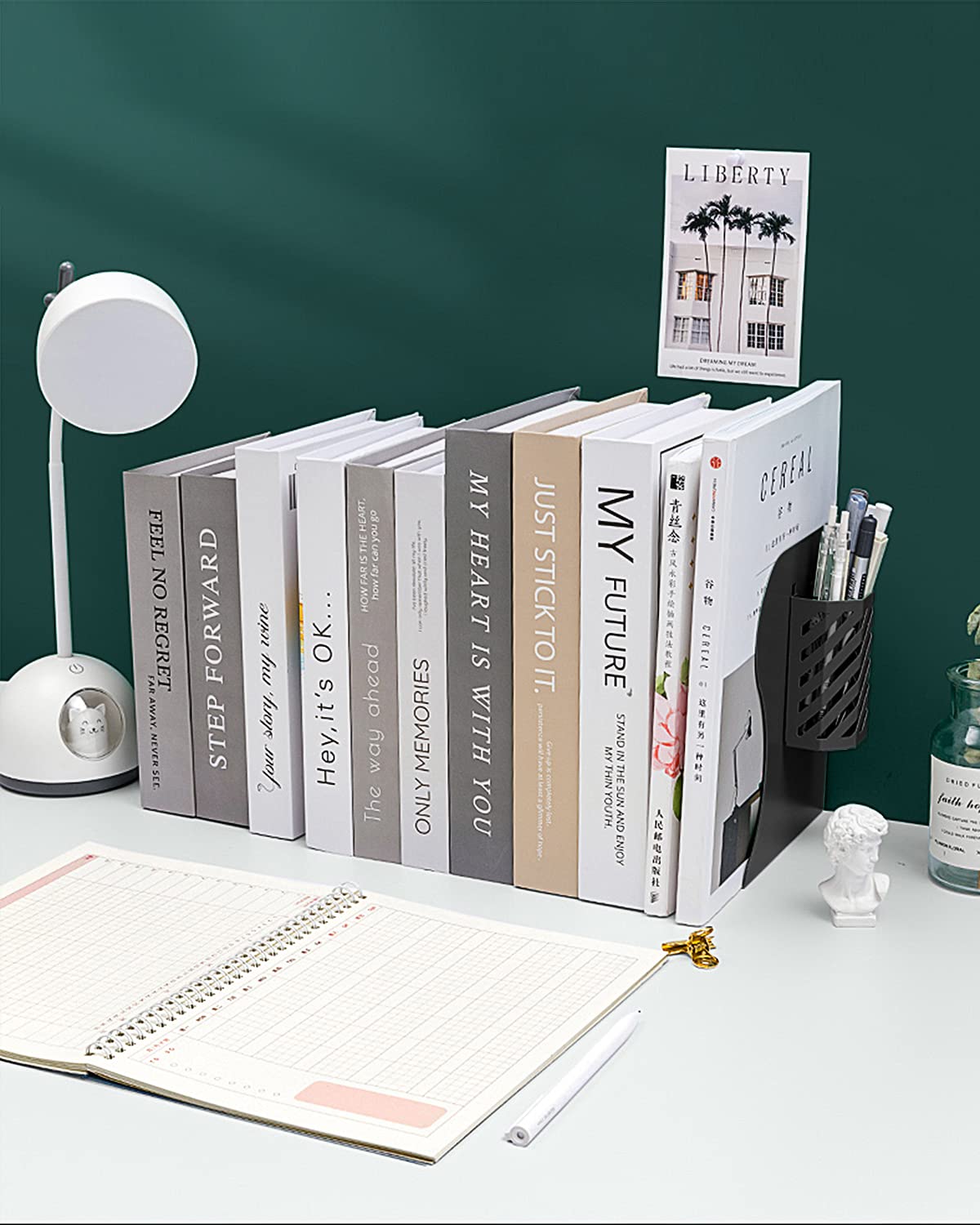 MSDADA Adjustable Bookends, Book Ends for Heavy Books, Expandable Book Organizer with Pen Holder