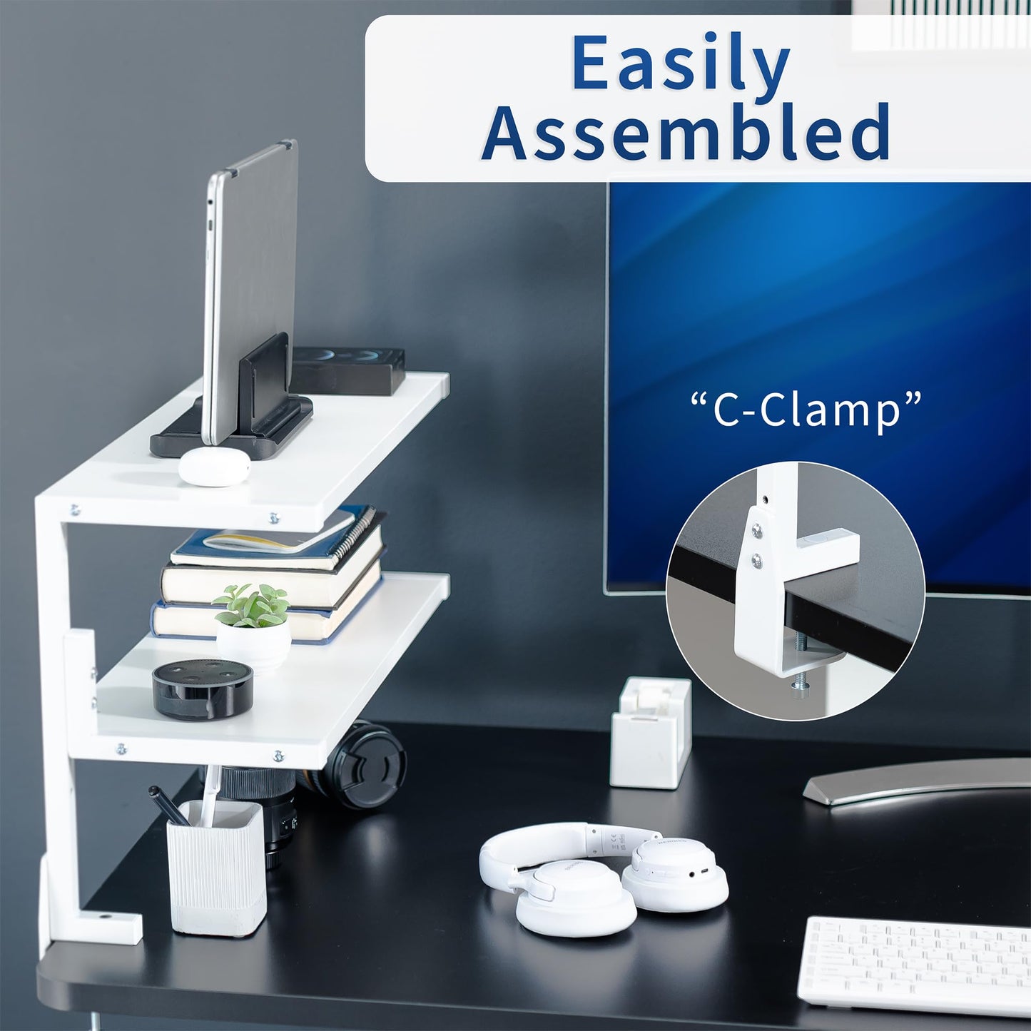 VIVO White Clamp-on 24 inch 2-Tier Desk Shelf, STAND-SHELF24C-W