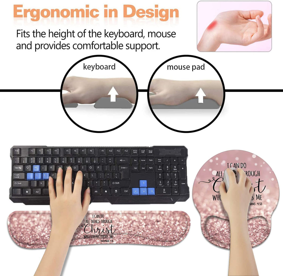 Keyboard Wrist Rest + Mouse Pad Wrist Support Set with Coasters, Non-Slip PU Base Ergonomic