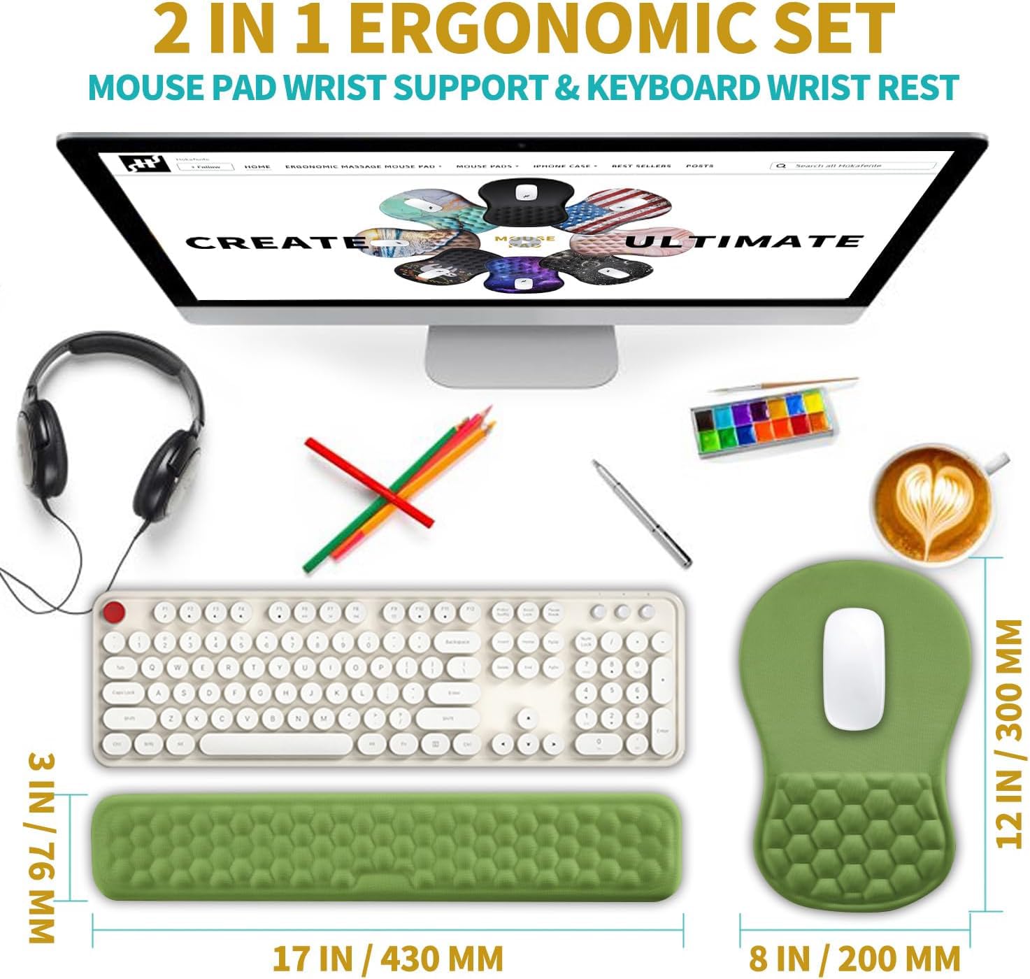 Hokafenle 2 in 1 Ergonomic Mouse Pad Wrist Support & Wrist Rest for Computer Keyboard Set, with