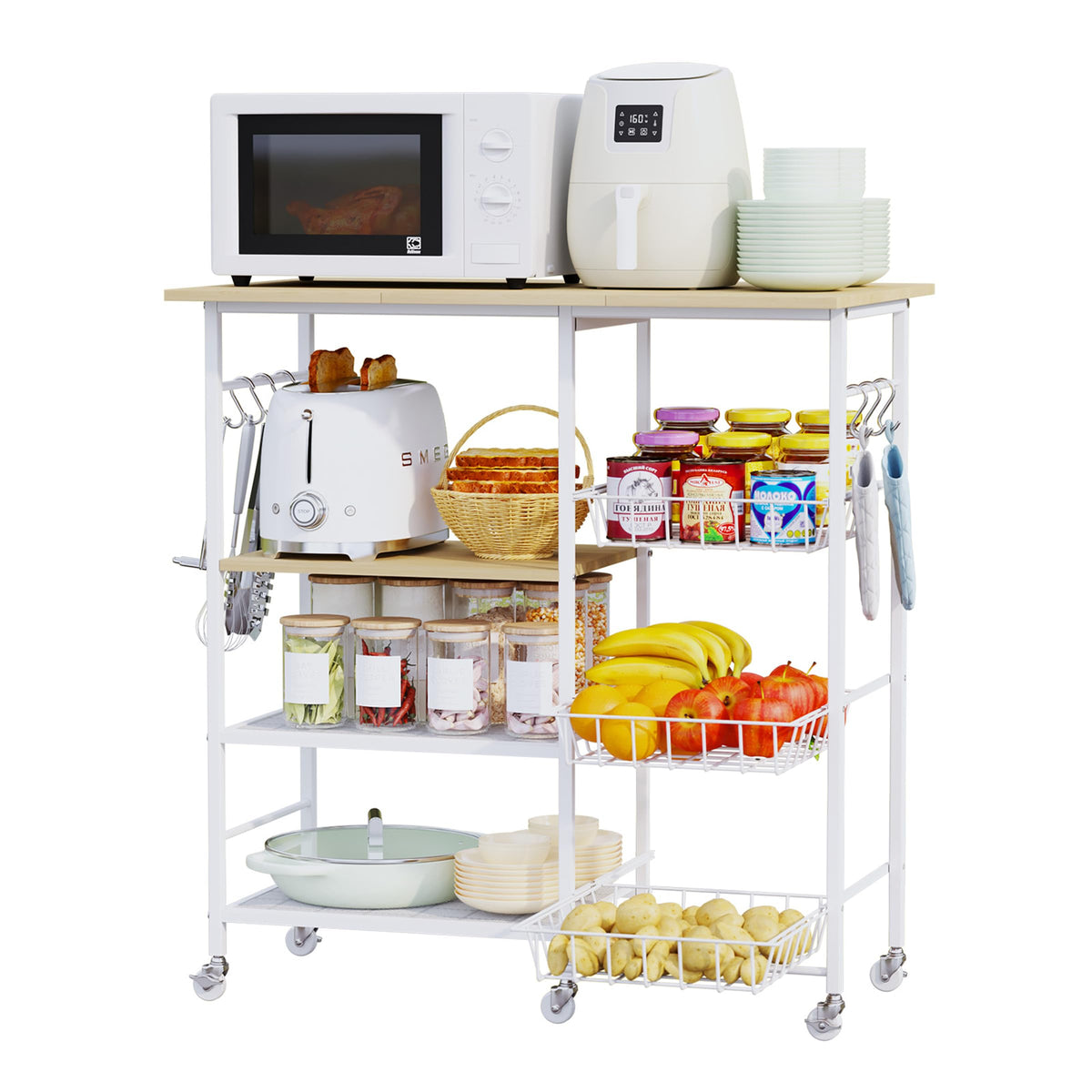 HapiRm Rolling Kitchen Microwave Cart - 4 Tier Microwave Table Stand with Pull-Out Baskets, Coffee