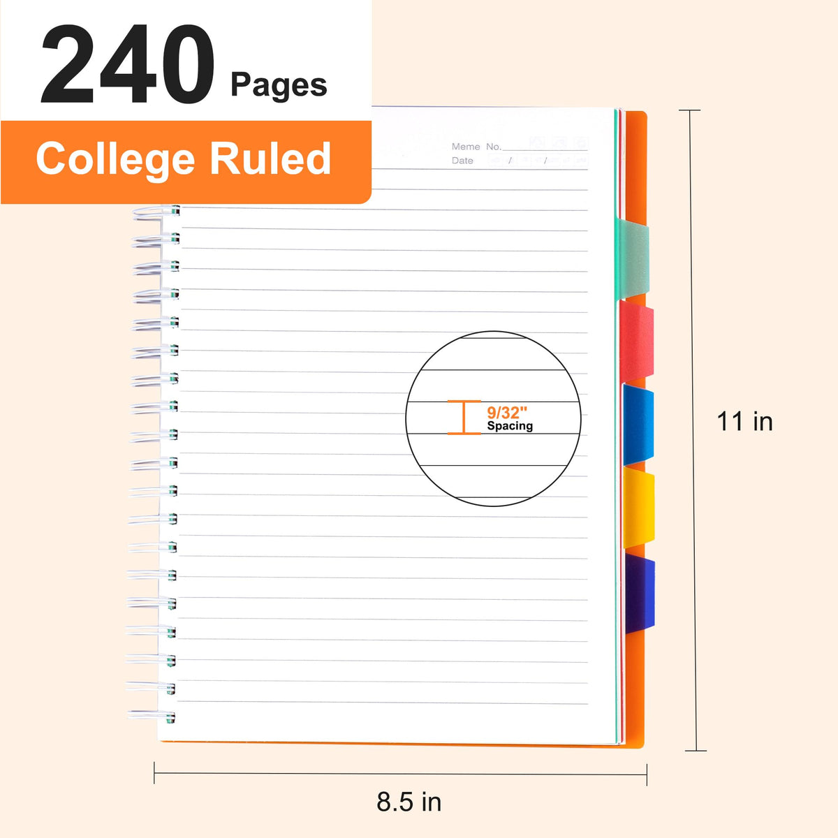 Yoment 5 Subject Notebook 8.5 x 11 Large Spiral Notebook with Dividers