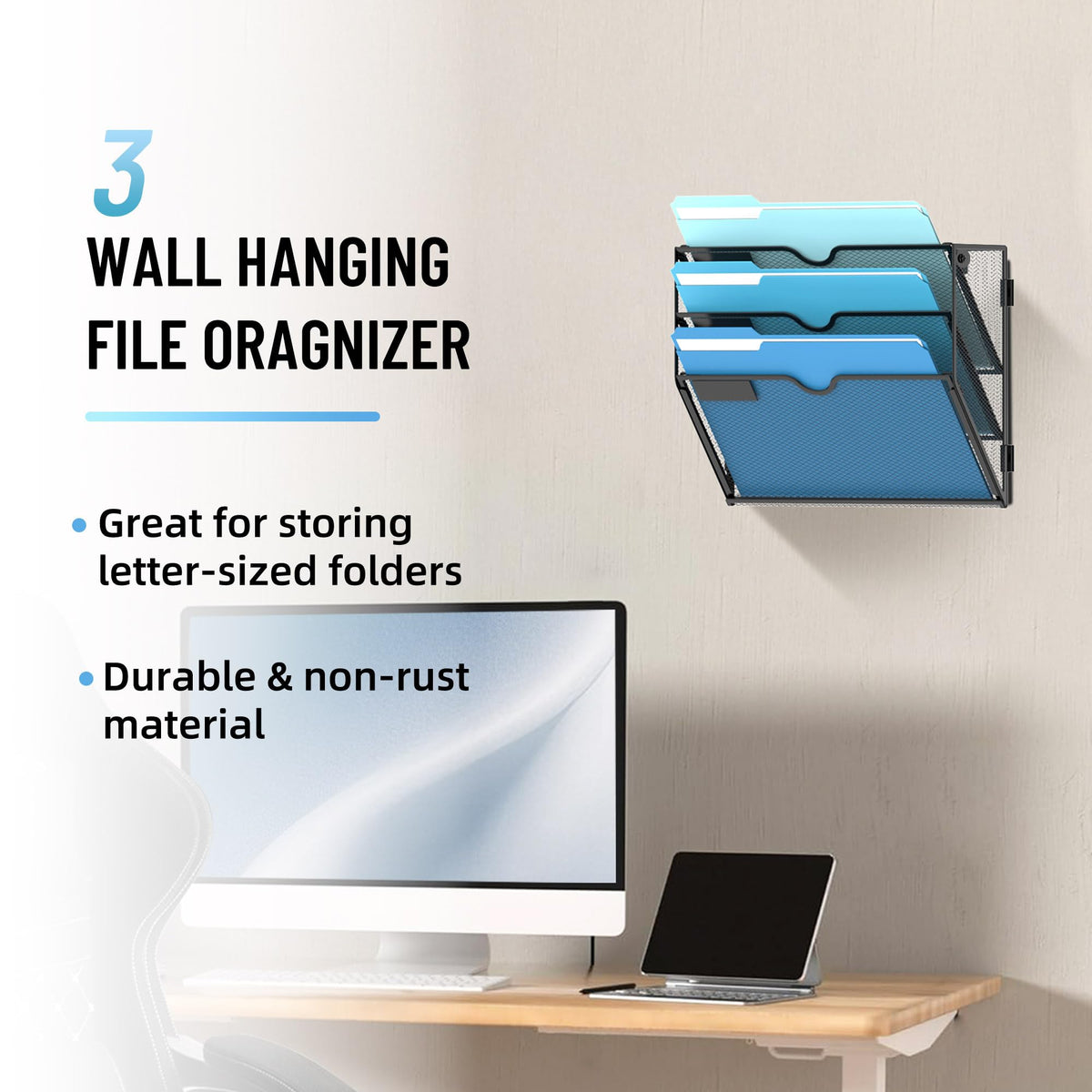 3-Tier Hanging Wall File Organizer with Hooks for Office Organization