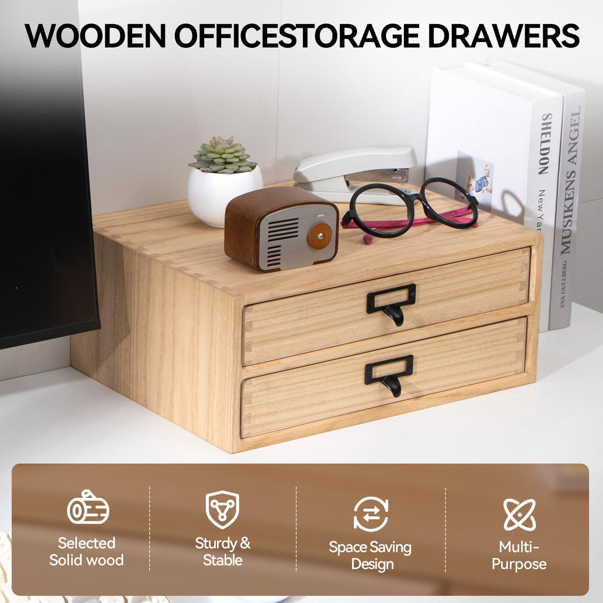 KIRIGEN Solid Wood Desk Organizer with 2 Drawers, Desktop Storage, Natural
