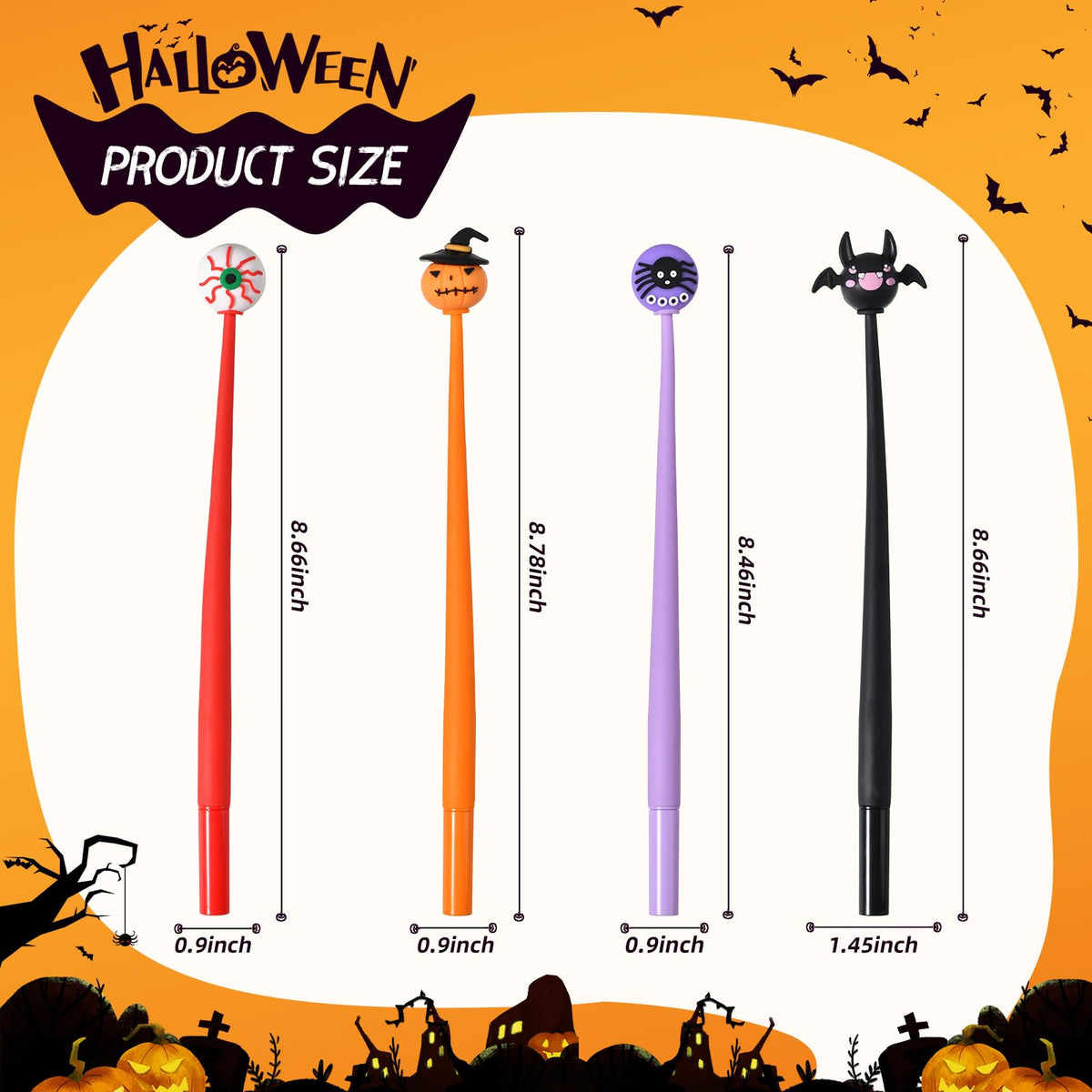SANNIX 50PCS Halloween Cartoon Squishy Pens, Funny Pumpkin Ghost Skull Bat