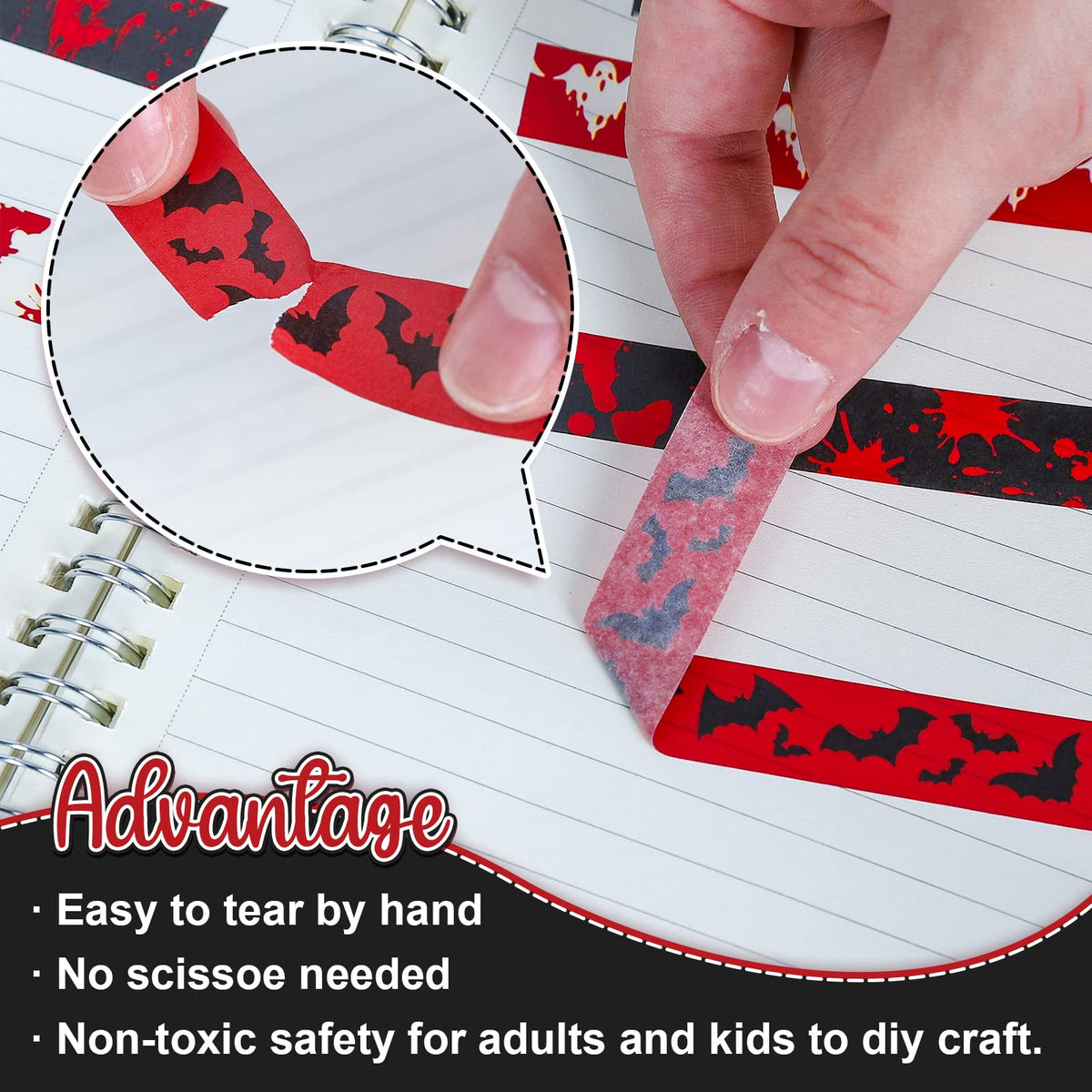 Whaline 12 Rolls Halloween Bloody Washi Tapes Blood Spatter Spooky Bloodstain Skull Ghost Masking