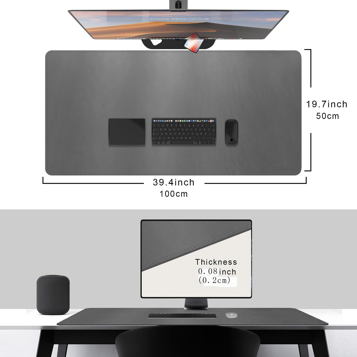 CENNBIE Leather Desk Mat,39.3x19.6 Desk Pad Blotter Protector (Grey)