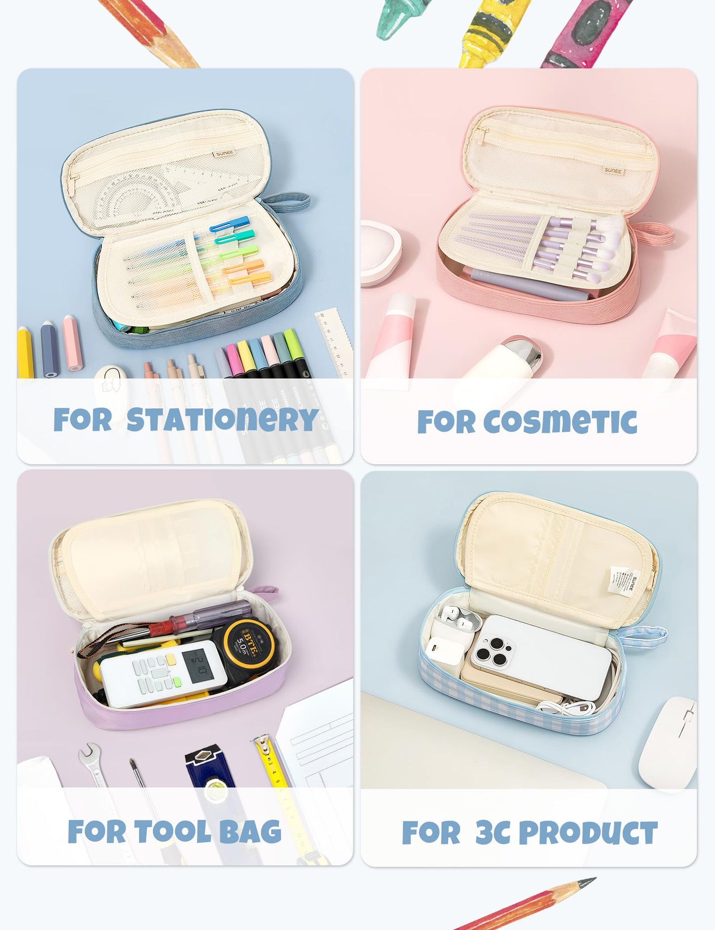 SUNEE Cute Pencil Case, Aesthetic Pen Pouch, Colored Large Pencil Bag with Zipper, Kawaii
