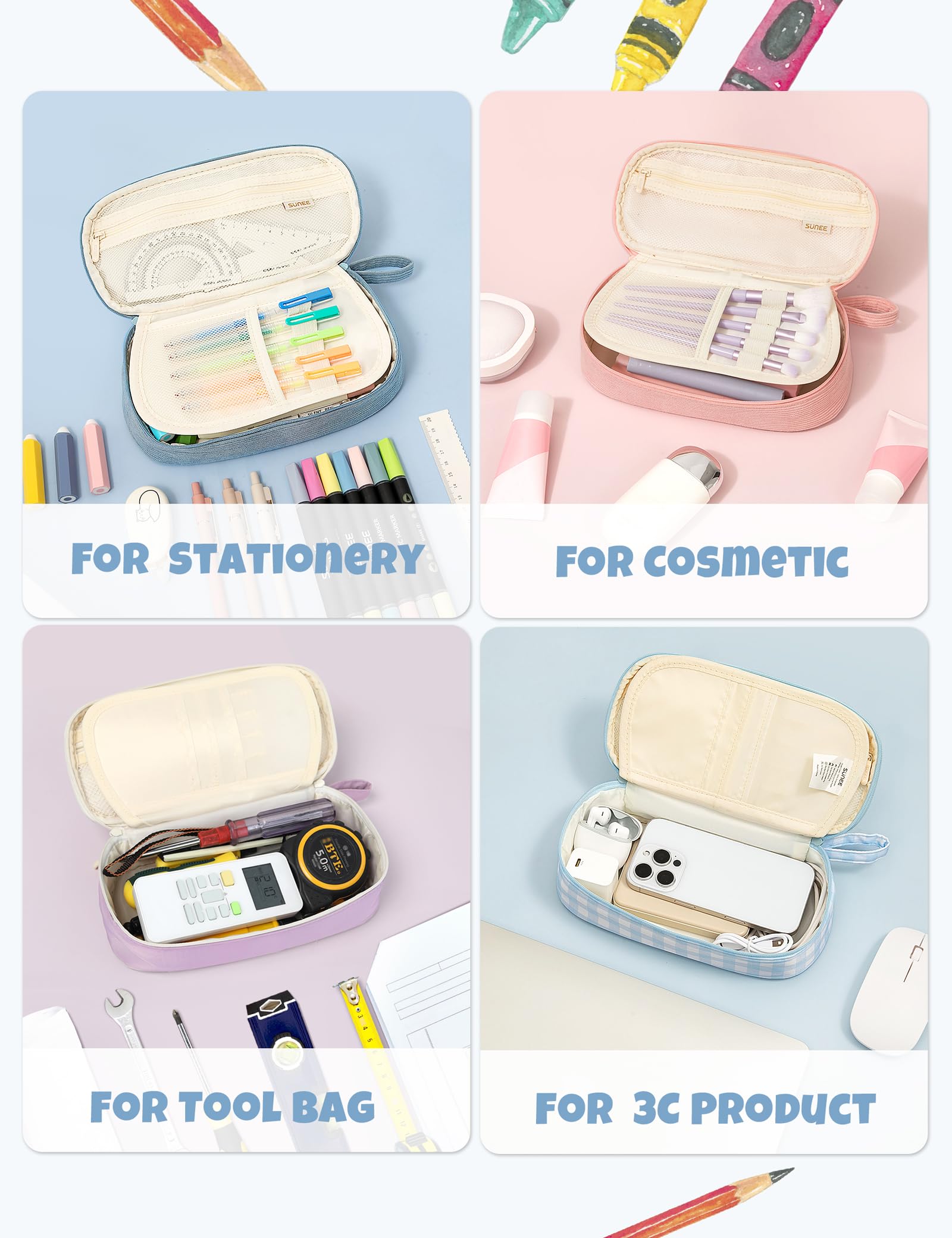 SUNEE Cute Pencil Case, Aesthetic Pen Pouch, Colored Large Pencil Bag with Zipper, Kawaii