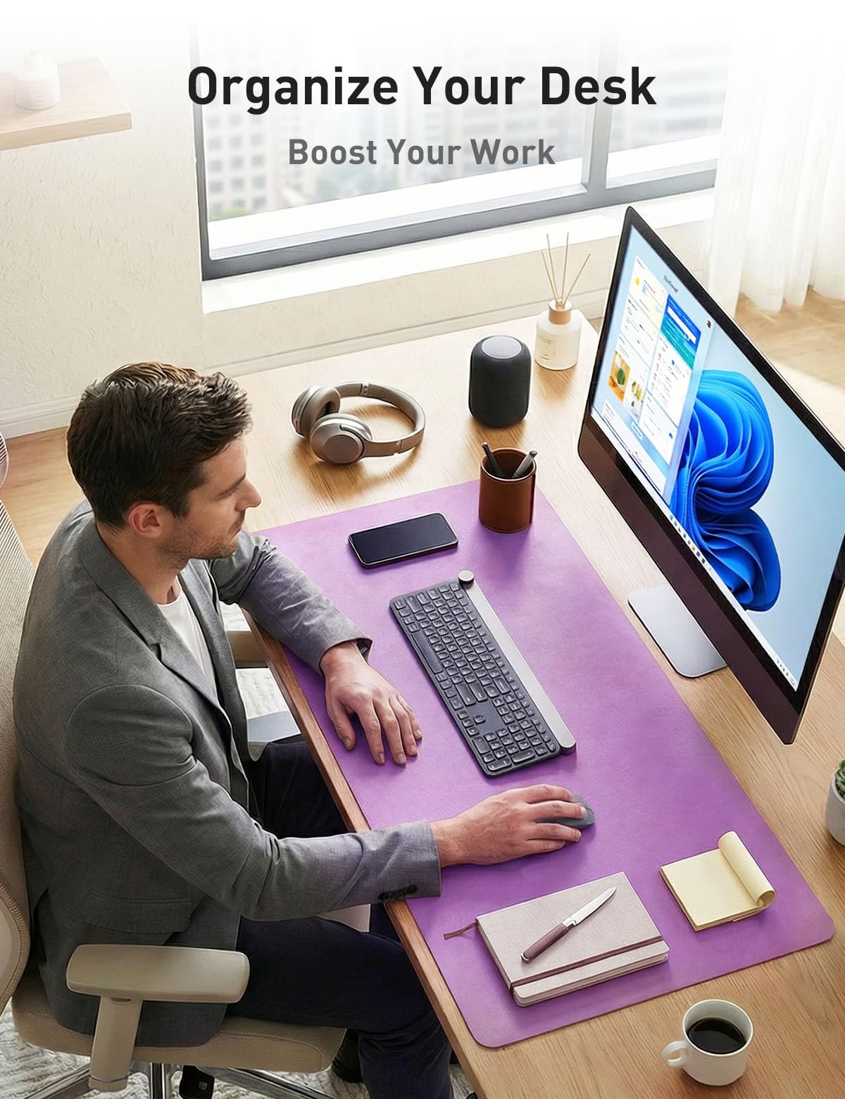 Aothia Faux Leather Desk Mat - Non-Slip PU Leather Desk Blotter, Waterproof Writing Surface, Large