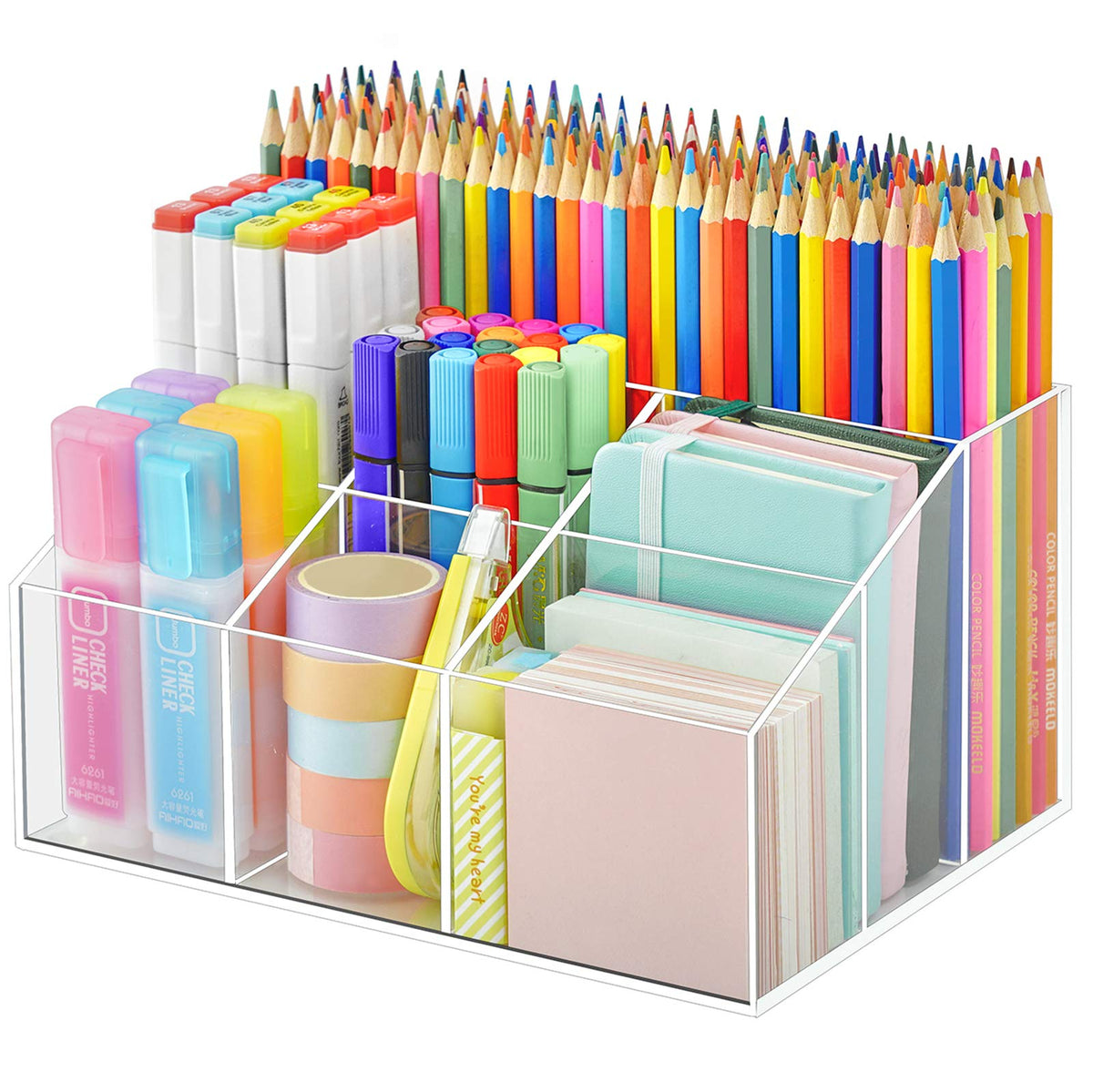 VITVITI Acrylic Desk Organizer, 7 Compartments Clear Pen Pencil Holder