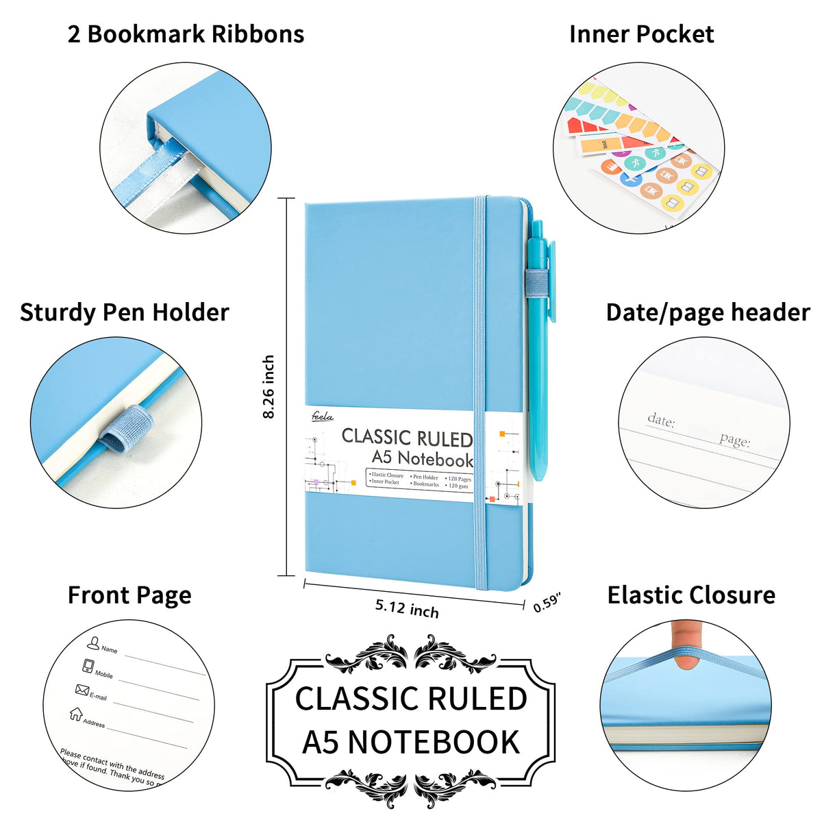 feela 5 Pack Notebooks Journals Bulk, Hardcover Classic Ruled Lined Journals with Pen Holder for
