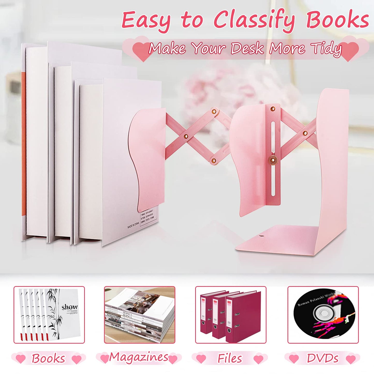 Non Skid Book Ends to Hold Books, Carooyac Heavy Duty Bookends Adjustable Book End, Metal Bookends