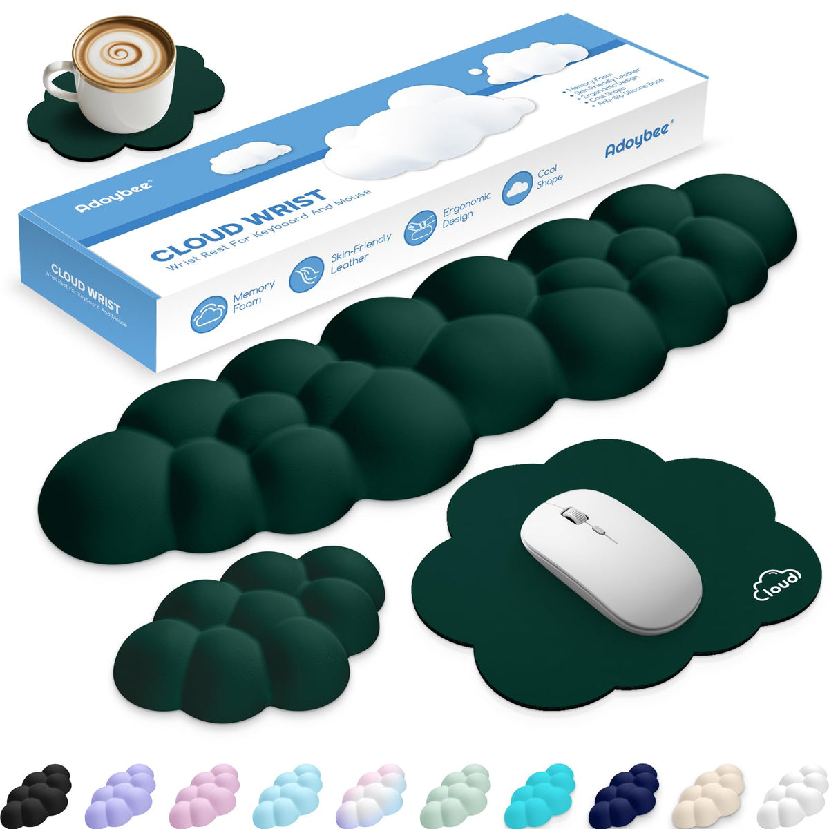 Retuhapy Cloud Wrist Rest Keyboard Cushion and Cloud Mouse Pad, Dark Green