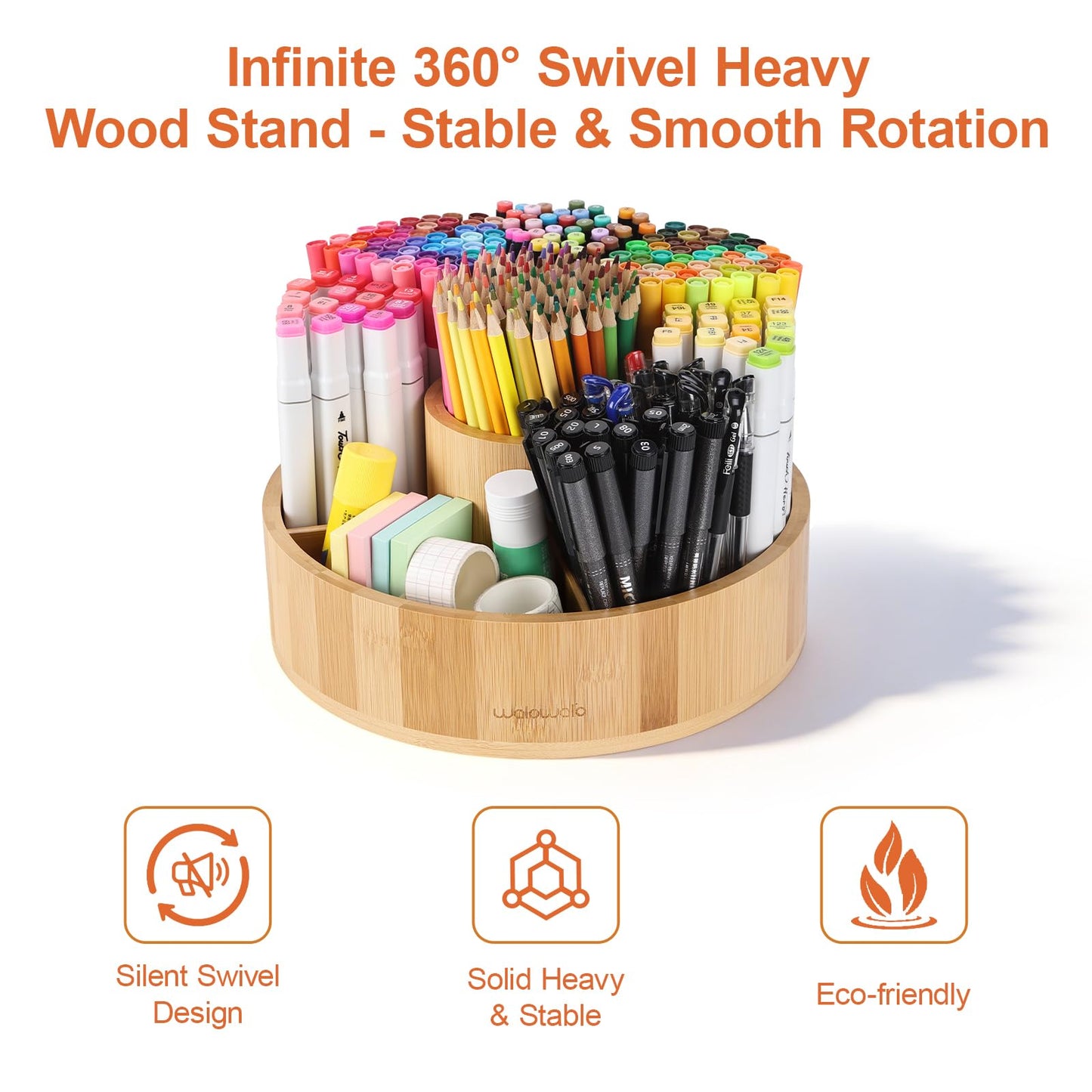 Marker Organizer Rotating Bamboo Desk Organizer, Silent 360° Rotation Caddy, 10 INCH LARGE Art