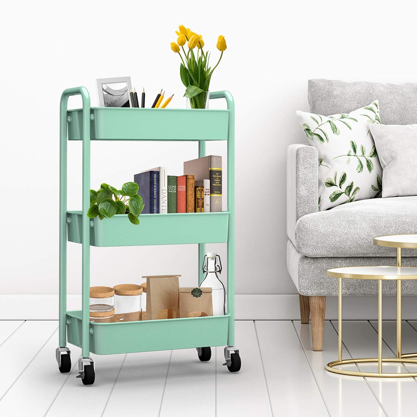 CAXXA 3-Tier Rolling Metal Storage Organizer - Mobile Utility Cart, Kitchen Cart with Caster Wheels