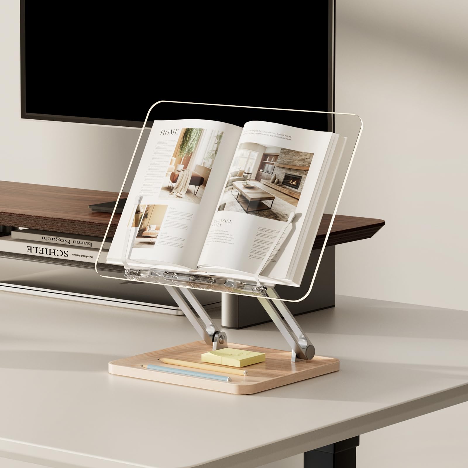 Acrylic Book Stand with Storage Base, Dual Aluminum Arm Reading Holder