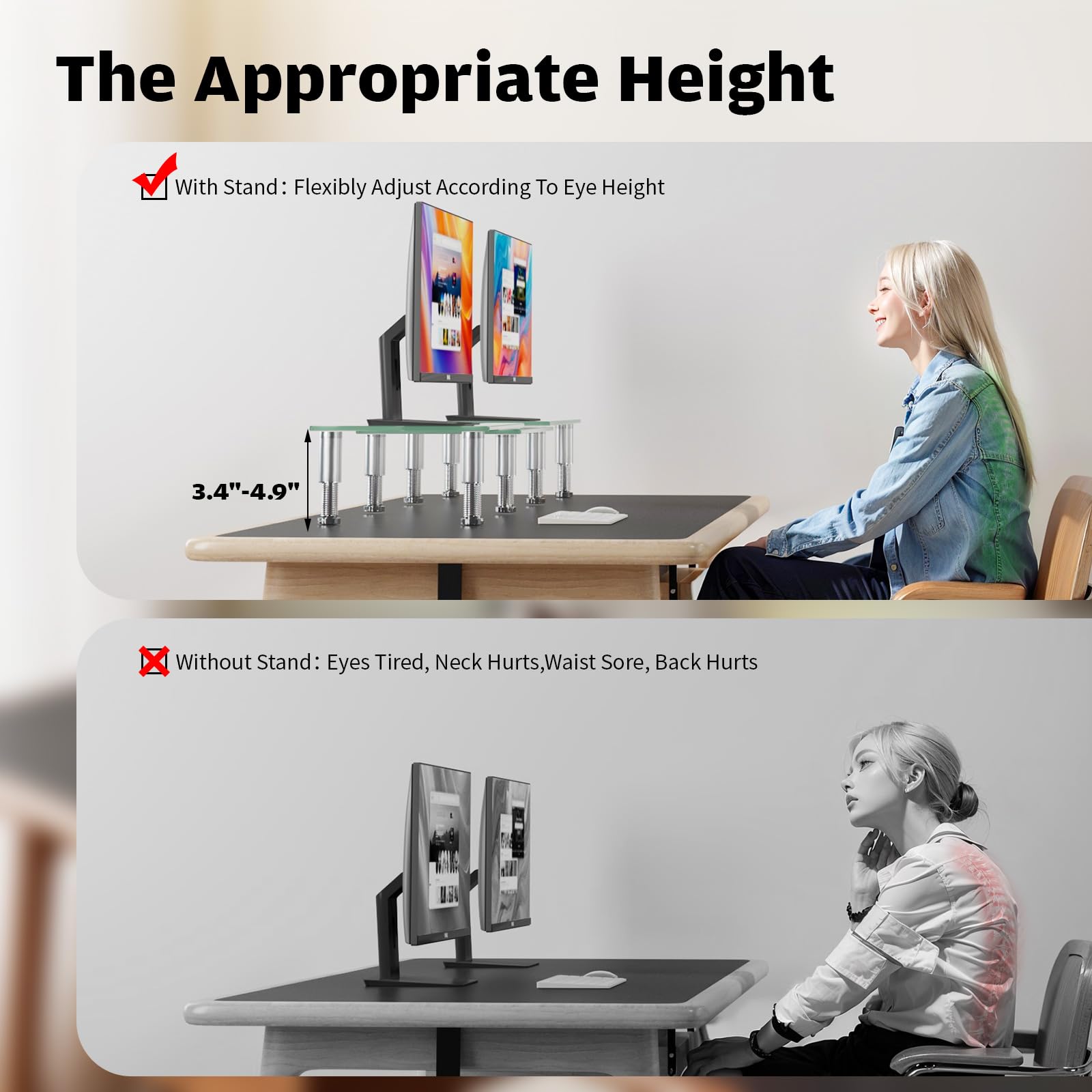 Hemudu Dual Monitor Stand -Adjustable Length and Angle Dual Monitor Riser, Desktop Organizer for