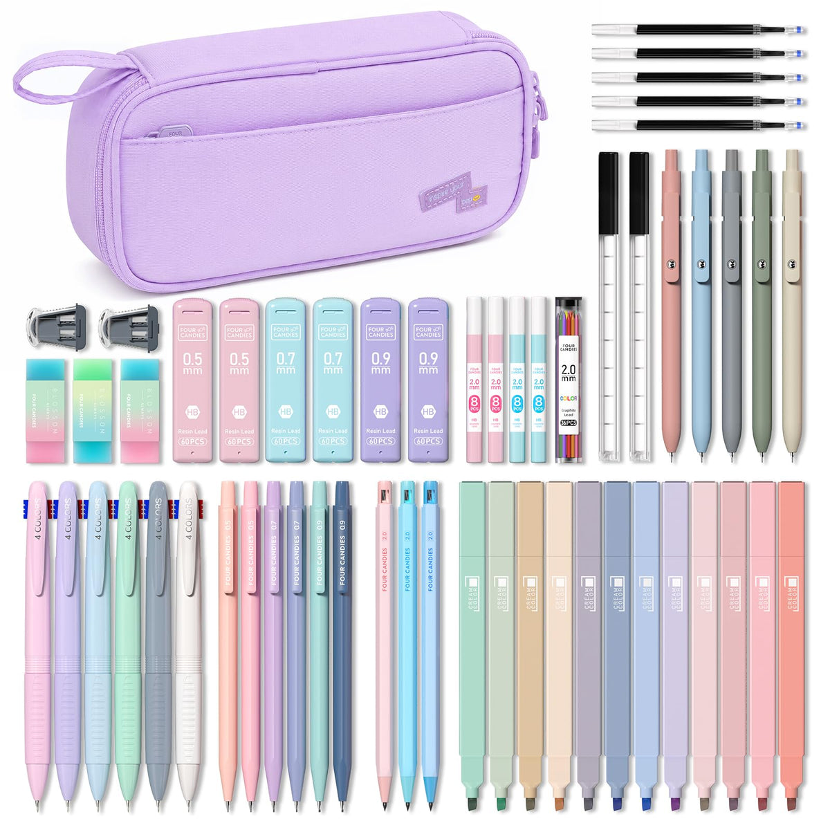 Four Candies 56 PCS School Supplies with Cute Pencil Case (Light Purple)