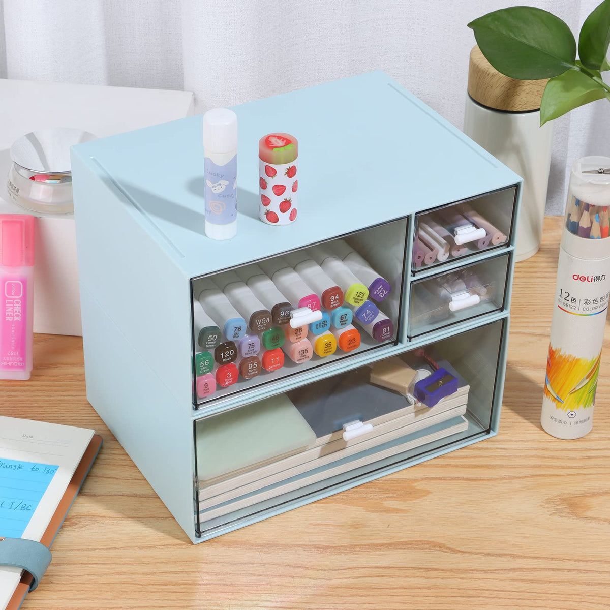 OSteed Stackable Storage Drawers, Office Desk Organizer with 4 Mix Drawers