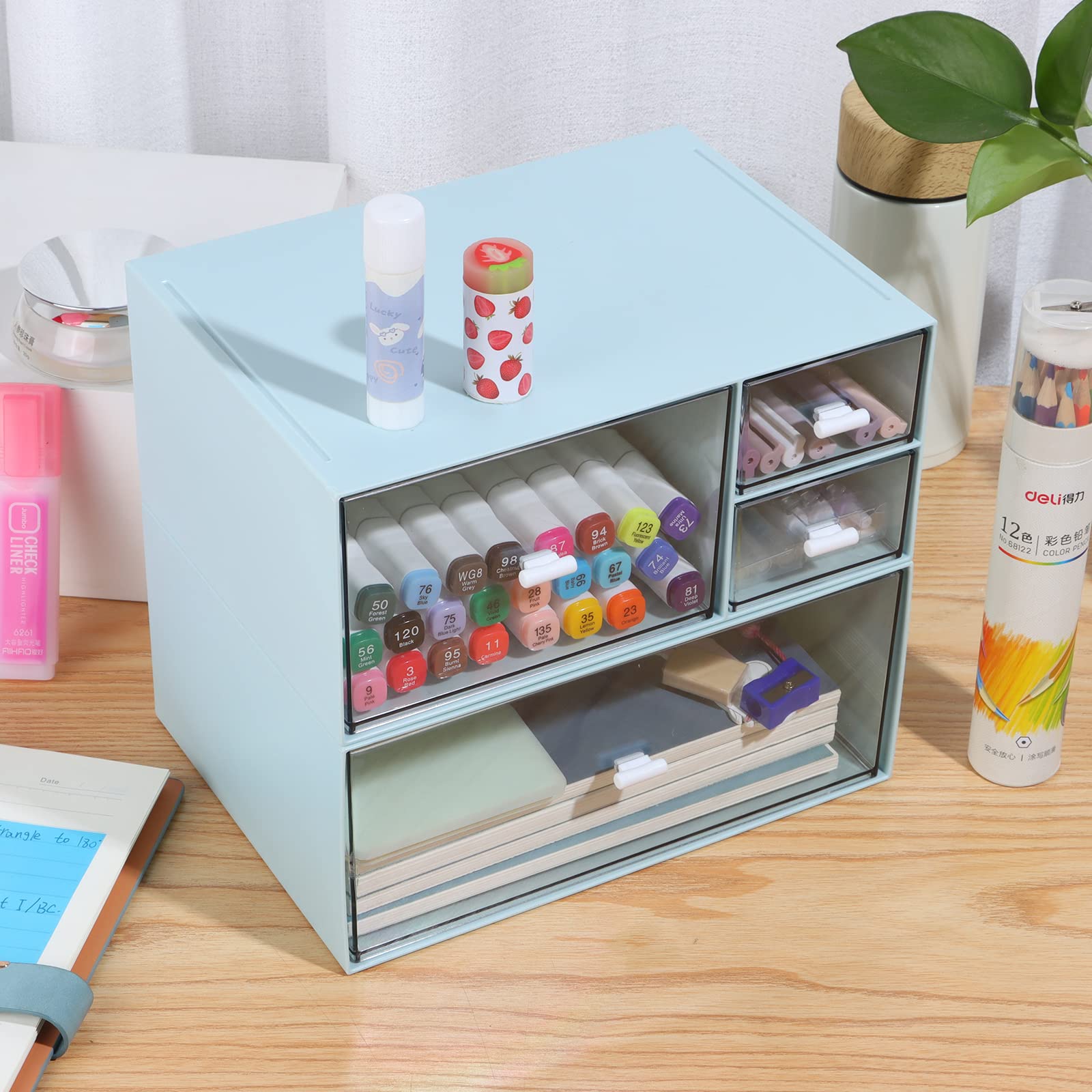 OSteed Stackable Storage Drawers, Office Desk Organizer with 4 Mix Drawers