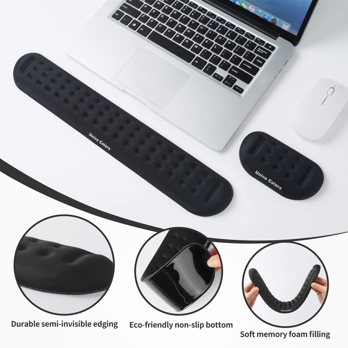 Univo Colors Black Keyboard Wrist Support and Mouse Wrist Rest Set, Made of Memory Foam Soft Gel