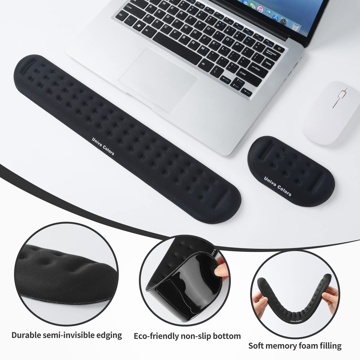 Univo Colors Black Keyboard Wrist Support and Mouse Wrist Rest Set, Made of Memory Foam Soft Gel