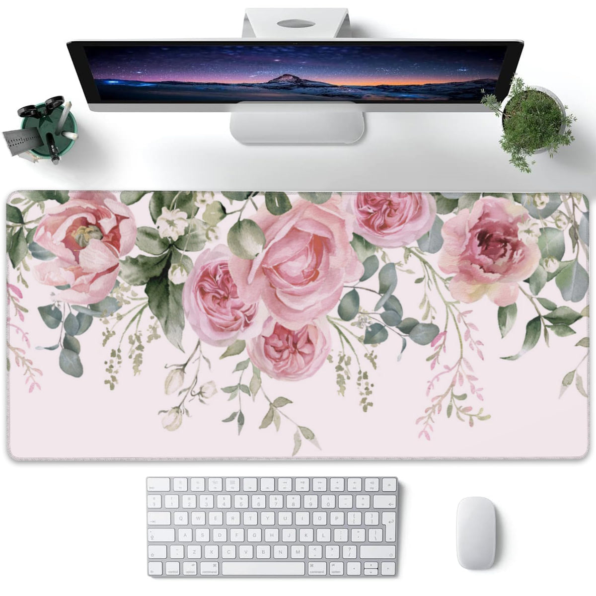 XXL Mouse Pad, Pink Peony Flowers Eucalyptus Green Leaves Large Desk Mat for Desktop, Extended