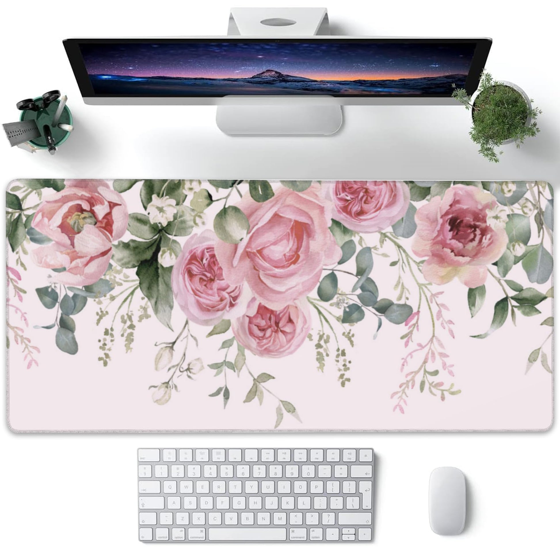 XXL Mouse Pad, Pink Peony Flowers Eucalyptus Green Leaves Large Desk Mat for Desktop, Extended