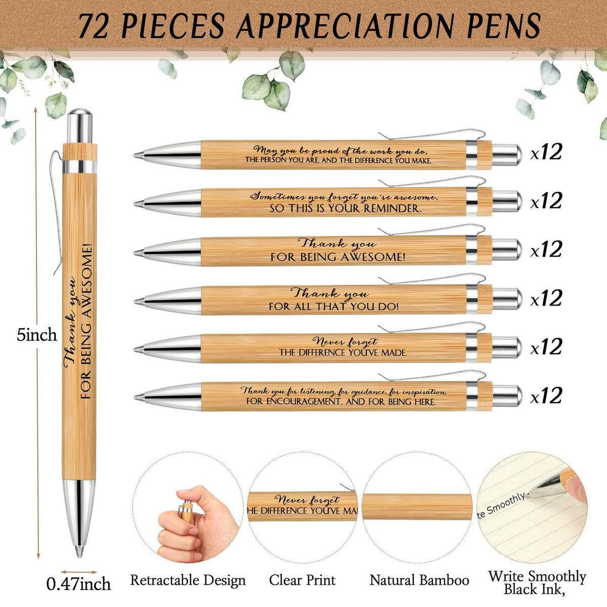 Yeaqee 72 Sets 36 Sets Bamboo Pens with Thank You Card, Encouragement