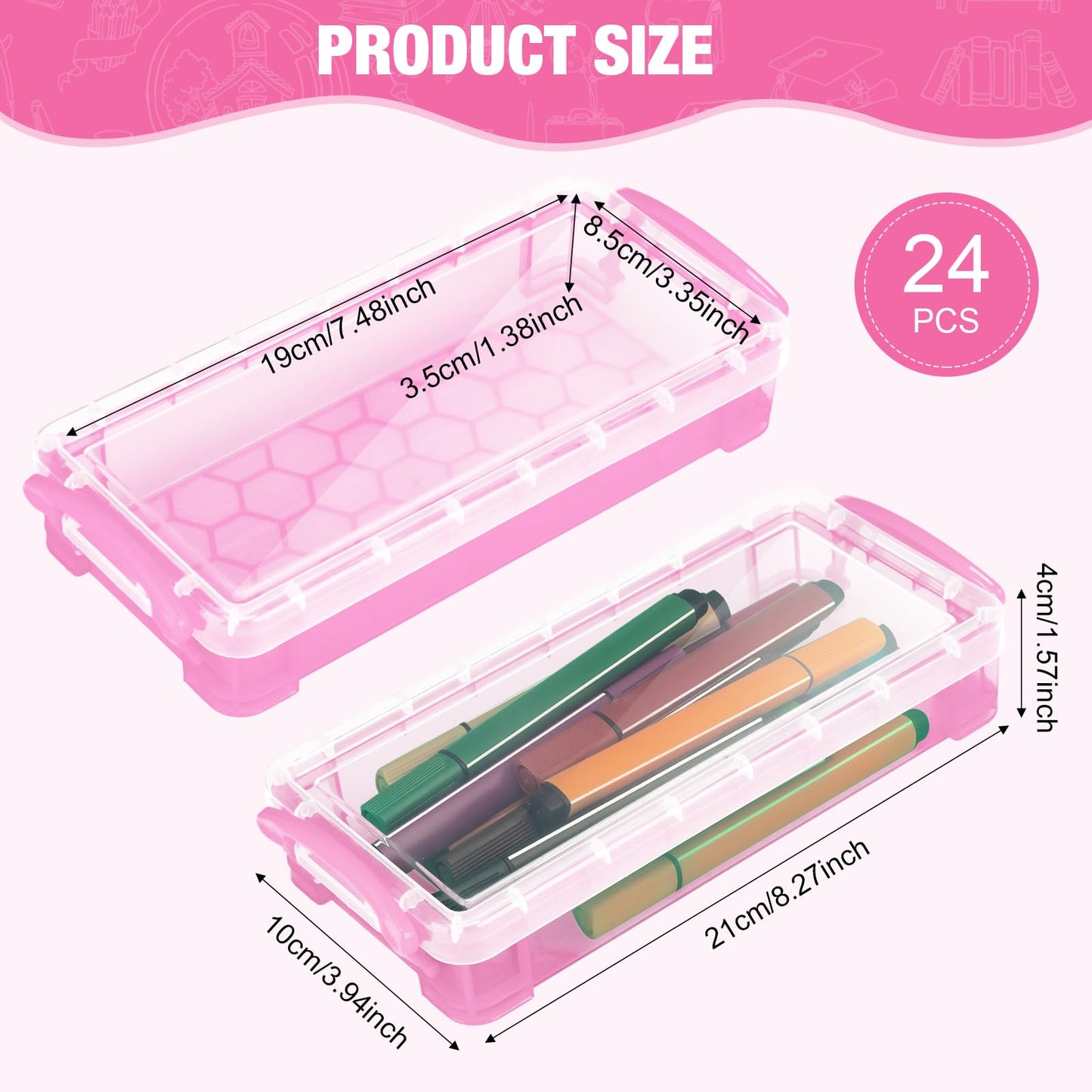 Gueevin 24 Pcs Pencil Box Clear Plastic Pencil Case, Light Pink