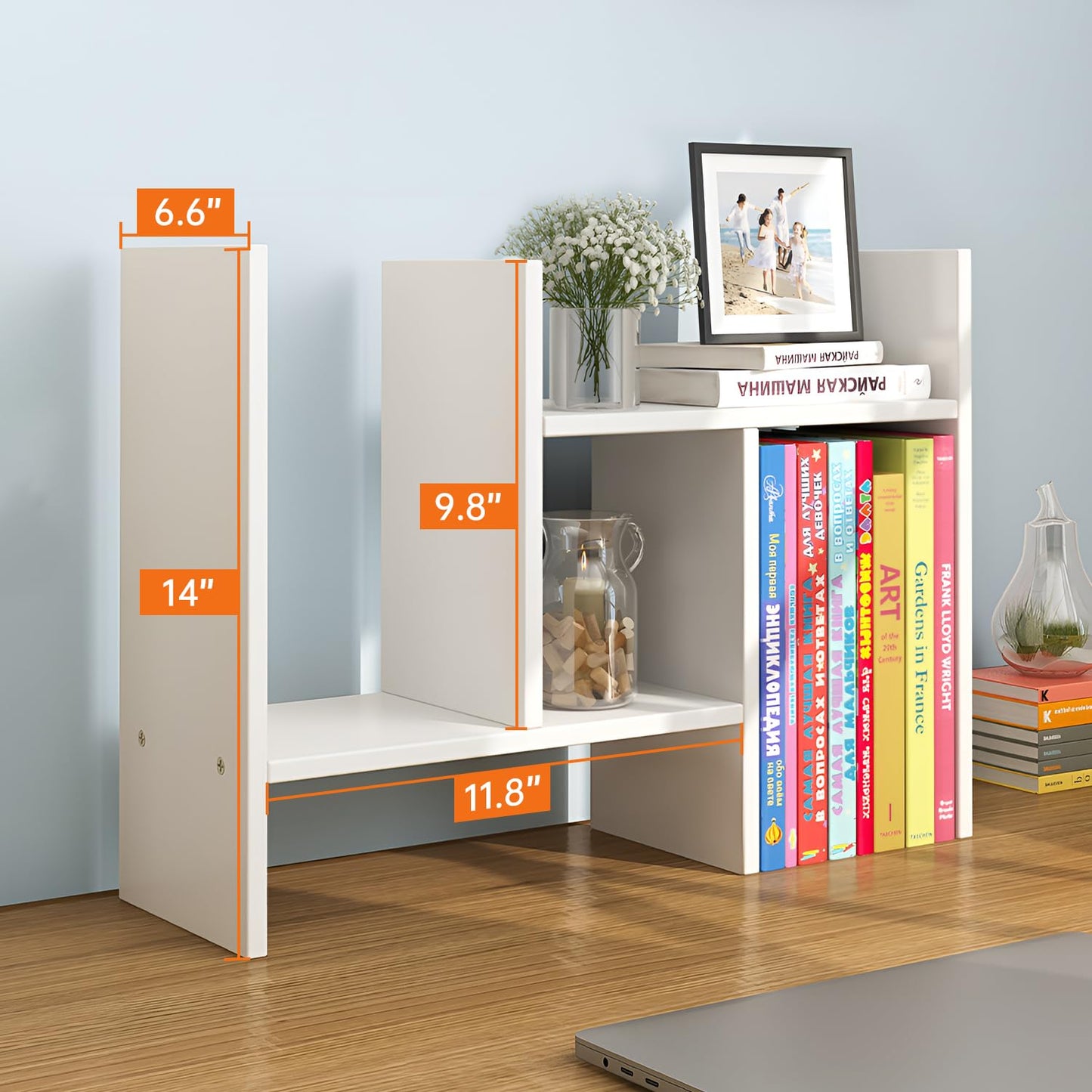 JLD Wood Adjustable 5-Shelf Desktop Bookshelf, Expandable Office Storage Rack, White