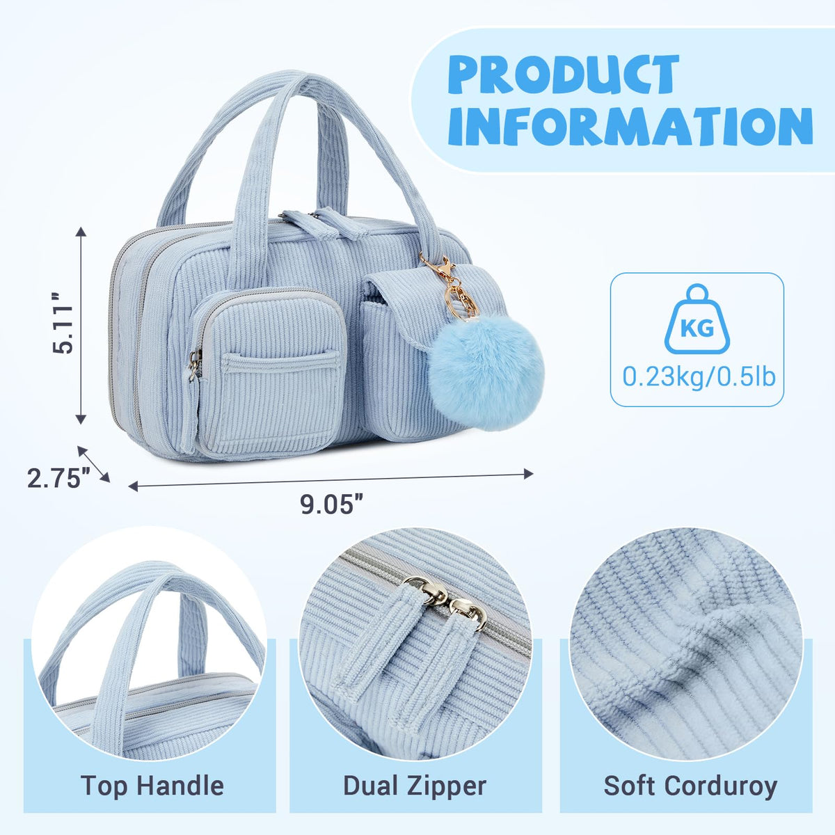 QIXIHU Pencil Case Corduroy Multiple Compartments Pouch Bag for Girl, Blue