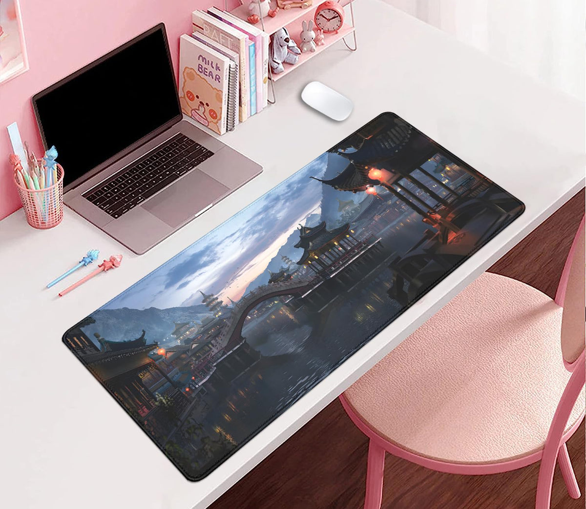 Japanese Style Ancient Pavilion Sky Mountains Extended Desk Pad Mouse Pad,Stitched Edges Non-Slip