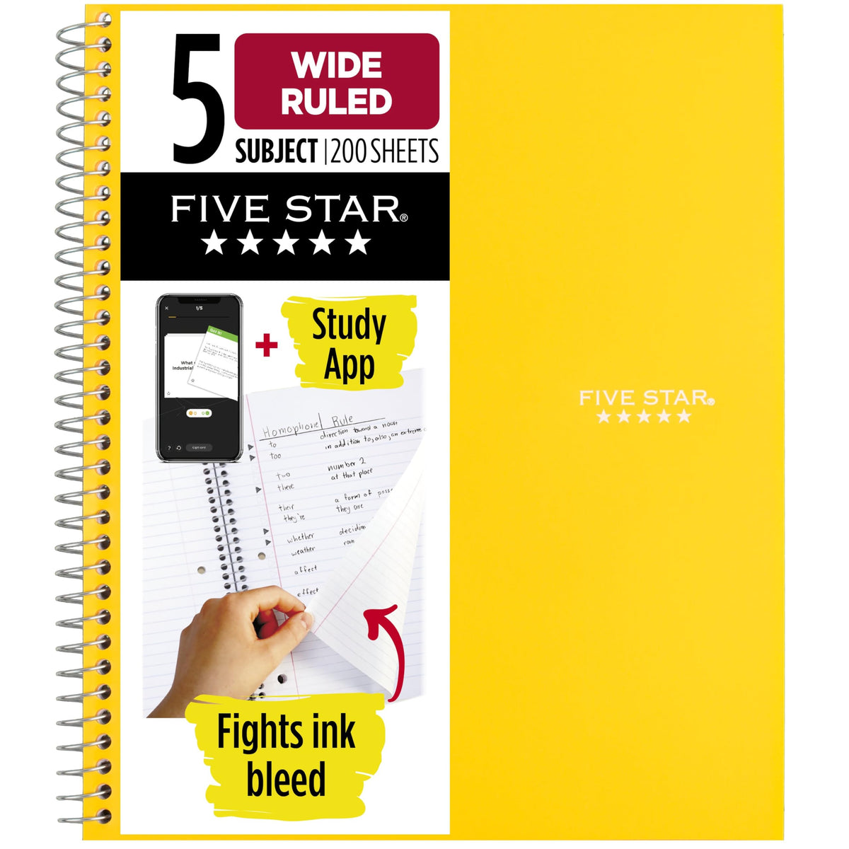 Five Star Spiral Notebook + Study App, 5 Subject, Wide Ruled Paper, 8" x 10-1/2", 200 Sheets