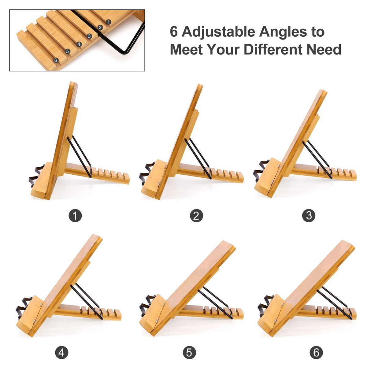 MEGREZ Foldable Bamboo Book Stand Adjustable Cookbook Reading Tablet Holder