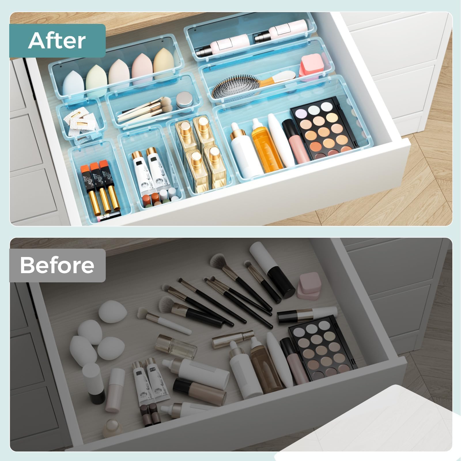 44 PCS Clear Plastic Drawer Organizer Set, 4 Sizes Storage Bins, Sea Blue