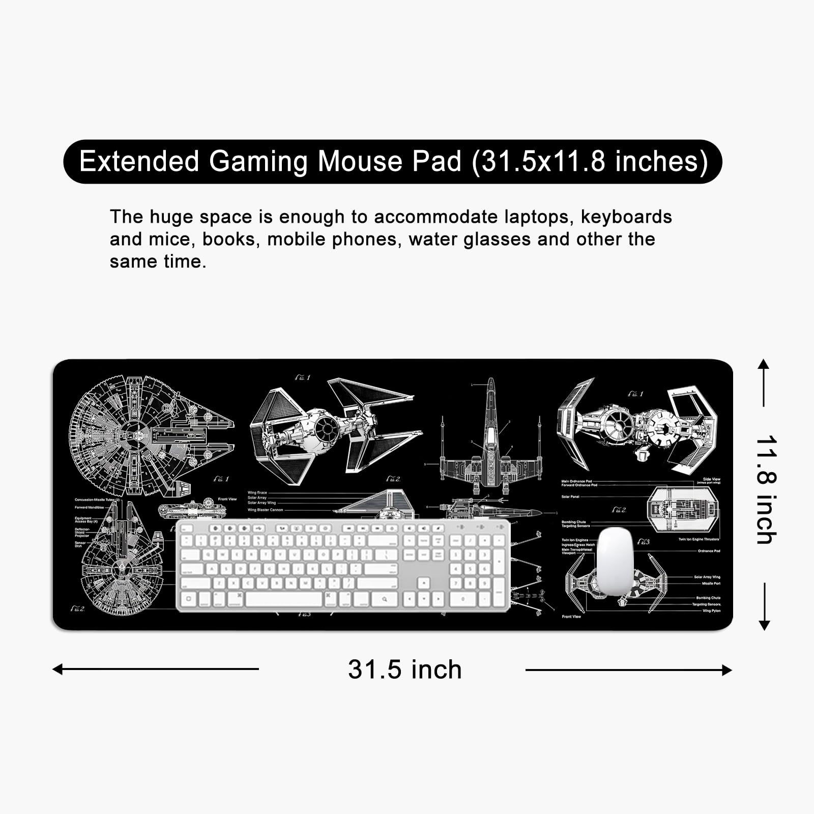 Black Gaming Mouse Pad Large Mouse Pad XL Desk Mat 31.5x11.8x0.12 inch Large Desk Pad Design