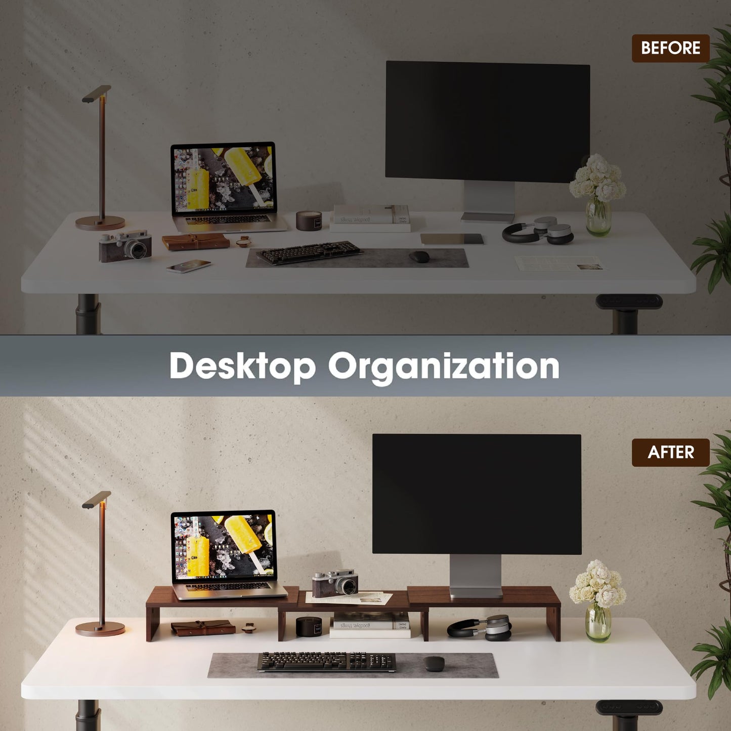 FITUEYES Dual Monitor Stand Riser, Adjustable Length and Angle, Brown