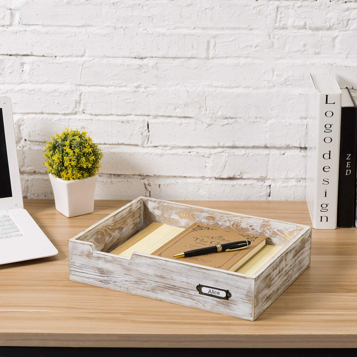 MyGift Whitewashed Wood Letter Tray, Desktop Paper File Organizer Box