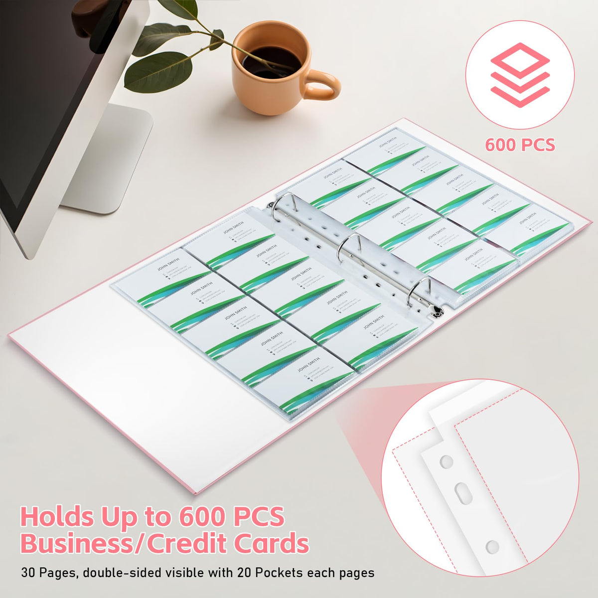 BYSTER A4 Business Card Organizer, PU Leather Card Binder with 30 Pack Sleeves (600 Pockets)