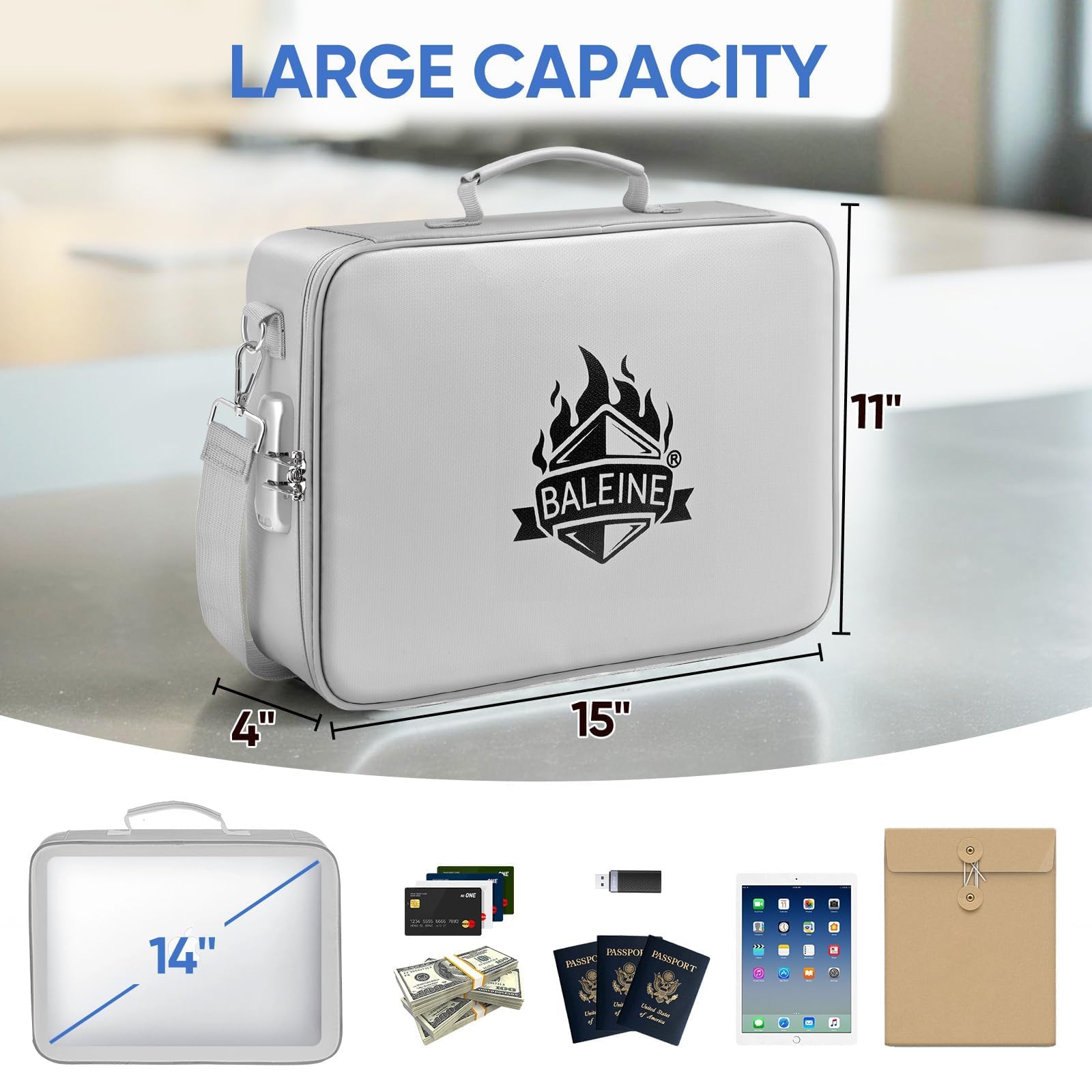 BALEINE Fireproof Document Box with Lock, Waterproof Fire Safe File Bag